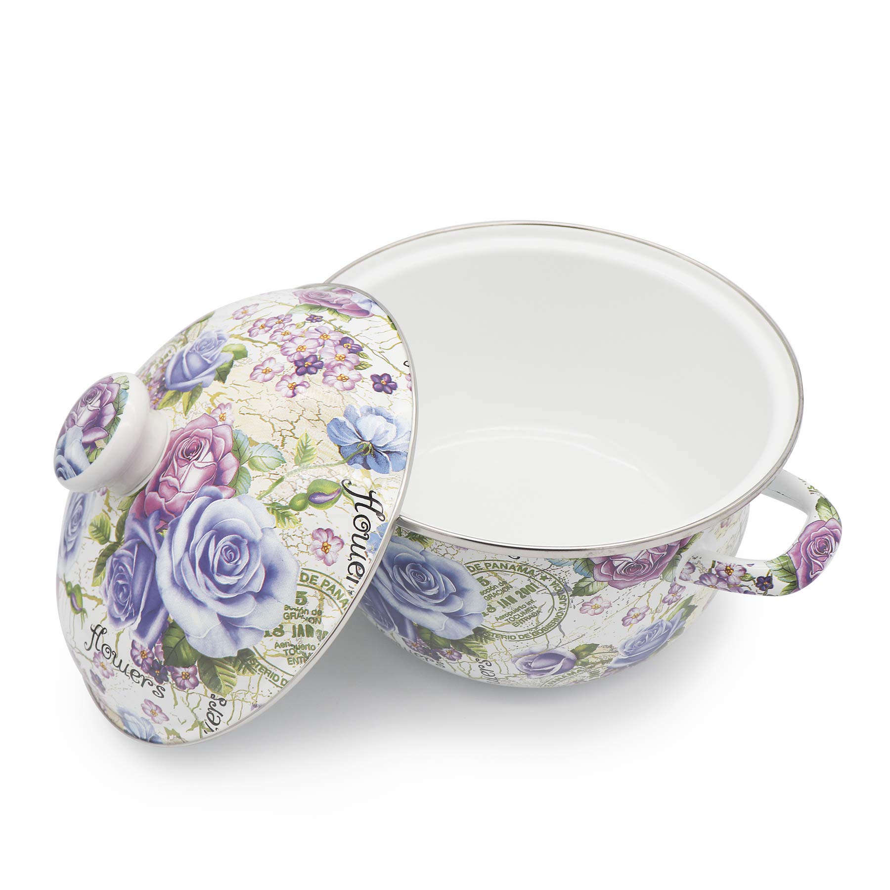 3 Quart Stainless Steel Stock Pot with Lid - Flower Enamel Design for Cooking, Boiling & Stewing - Perfect for Soups, Stews, and Large Family Meals