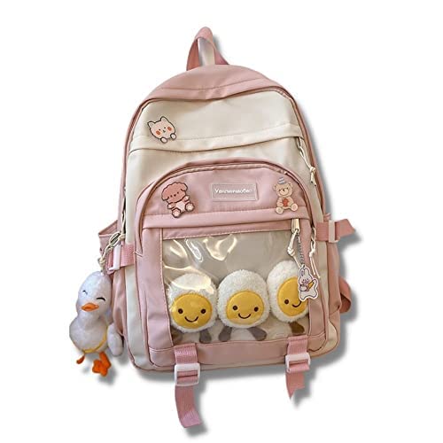 15 Inch Cute Pastel Aesthetic Laptop Backpack for Teen Girls - Kawaii Japanese Korean Style School Bookbag with Duck Plush (Pink) - Perfect for School, College, Travel & Daily Use