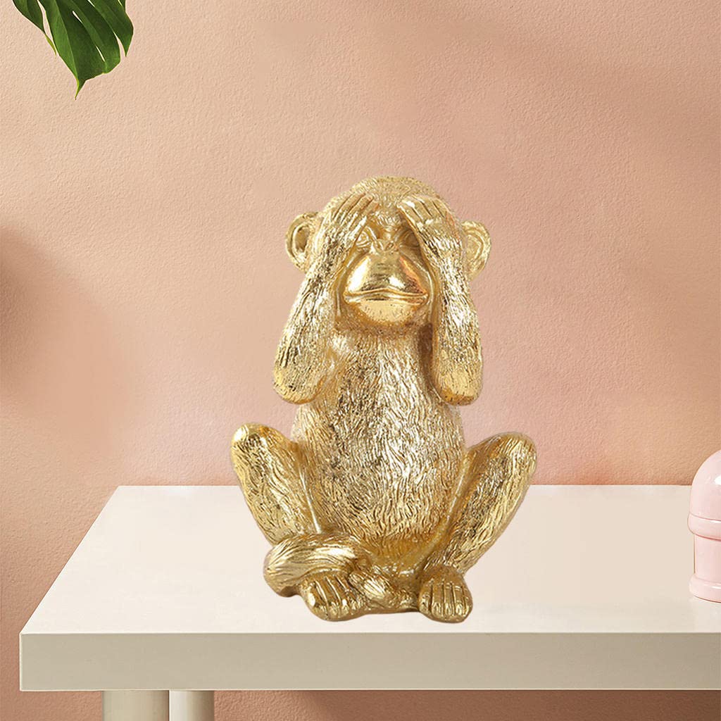 Handmade Resin Feng Shui Monkey Statue - Gold Chinese No Evil Monkey Figurine for Home Decor & Good Luck | Perfect for Living Room, Office & Gift Giving