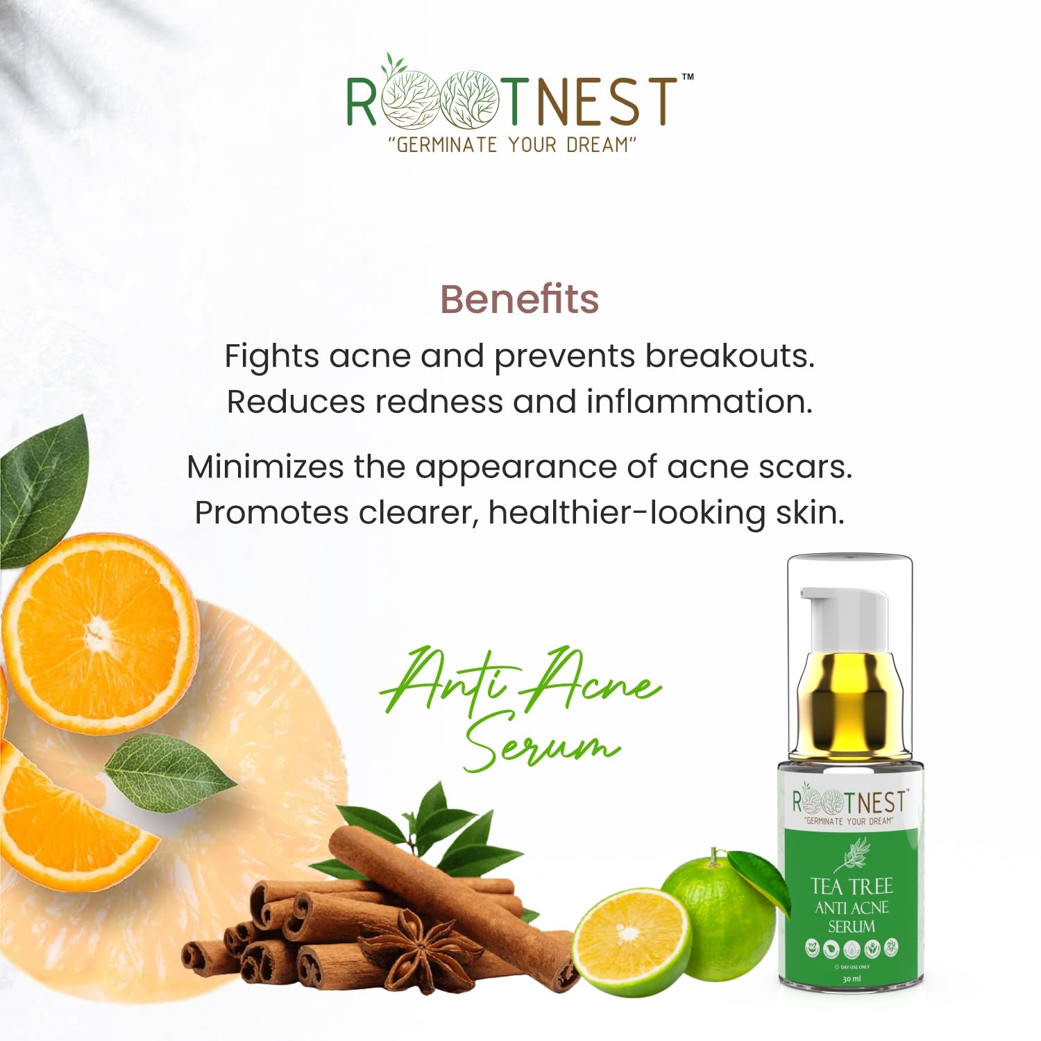 ROOTNEST Tea Tree Anti Acne Face Serum - Natural Ayurvedic Formula with Tea Tree Oil, Neem & Aloe Vera | Treats Pimples, Blackheads & Acne Breakouts | 30ml | Perfect for Oily & Acne-Prone Skin | Use Daily for Clear, Healthy Complexion