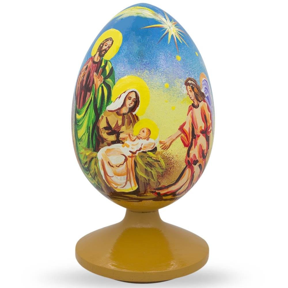 BestPysanky Nativity Scene with Angel - Hand-Painted Wooden Egg Figurine 4.75 Inches - Perfect Christmas Decoration, Gift & Home Décor