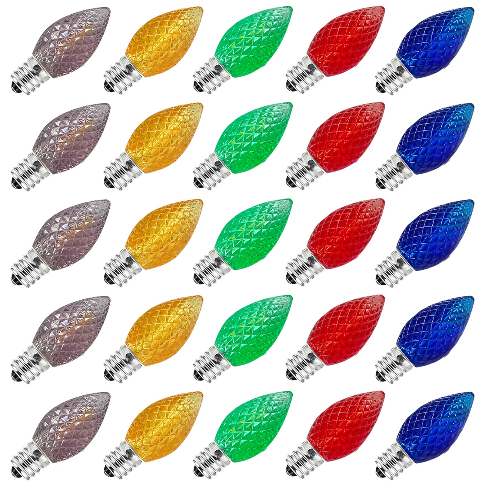 Visther 25-Pack Multicolor C7 LED Christmas Light Bulbs - E12 Candelabra Base Shatterproof Plastic Bulbs for Holiday Decorations, Outdoor Patio String Lights - Perfect for Christmas Tree, Home, Yard & Party Decor