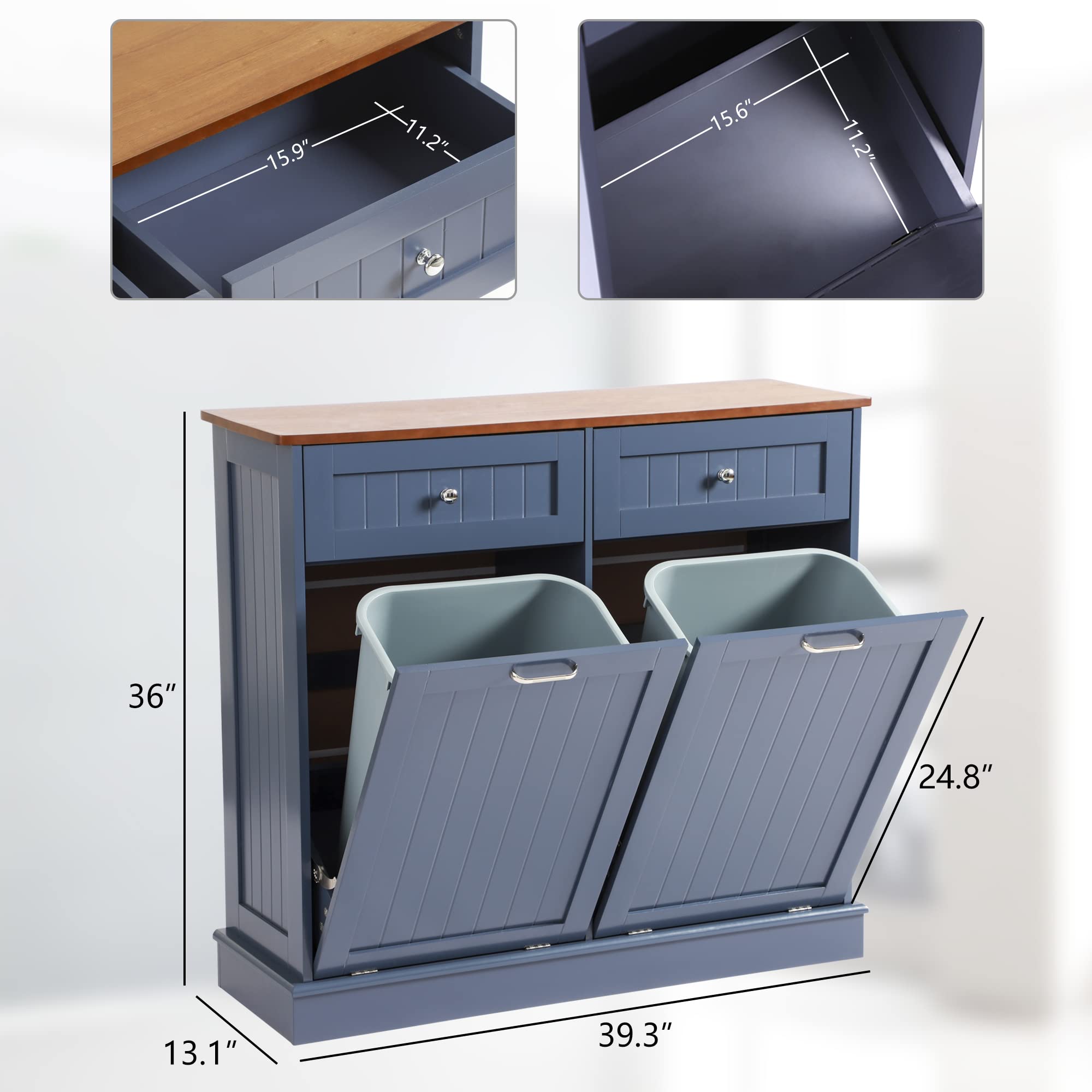 Tilt Out Trash Can Cabinet with Double Hidden Trash Bin Holder - Wooden Free Standing Kitchen Recycling Storage - Dog Proof Trash Can in Blue - Perfect for Small Kitchens, Pantries & Pet-Friendly Homes