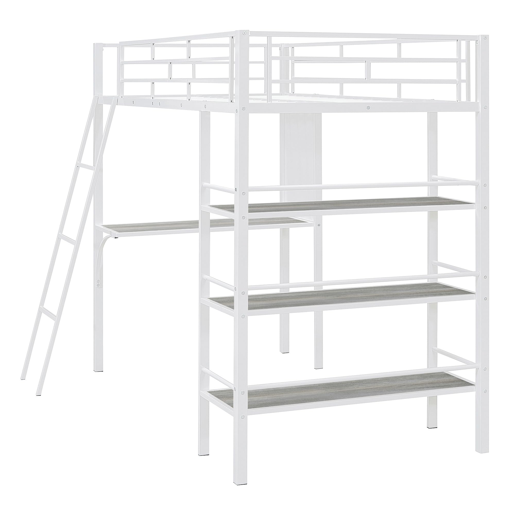 BOVZA Twin Size Loft Bed with Study Desk, Whiteboard & 3 Storage Shelves - Sturdy Metal Frame with Ladder & Safety Rails for Kids & Teens - Space-Saving Bedroom Solution for Small Rooms, Dorms & Apartments - White