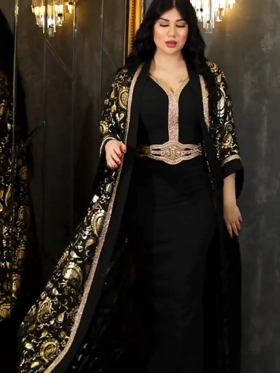 Elegant 2-Piece Muslim Women's Eid Caftan Dress Set with Inner Sleeveless Dress - Perfect for Eid Celebrations, Weddings & Special Occasions