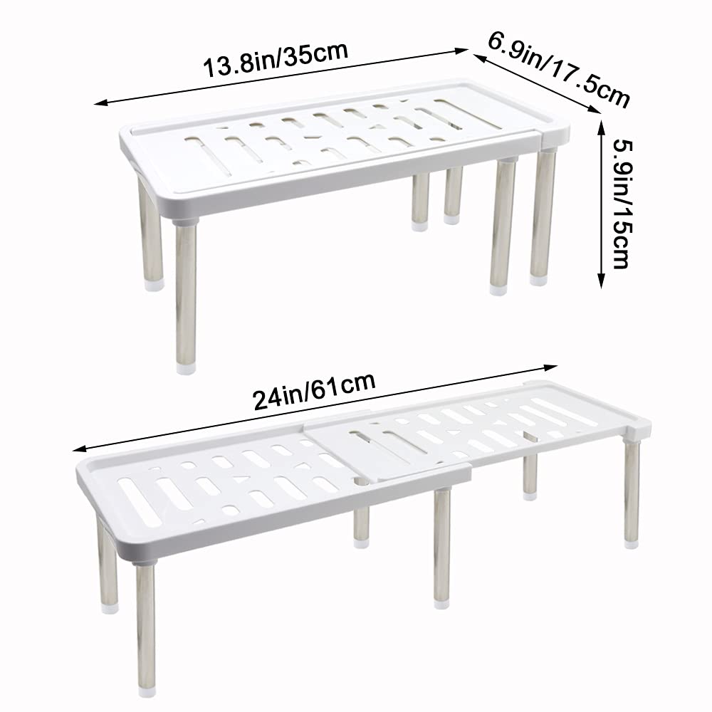 1 Pack Expandable Cabinet Organizer Shelf - 13.8 x 6.9 x 5.9 Inches Kitchen Cupboard Organizer, Free Standing Spice Rack, Retractable Storage Shelf for Bathroom, Countertop, Pantry (White) - Perfect for Small Space Organization in Kitchen, Bathroom & Closet