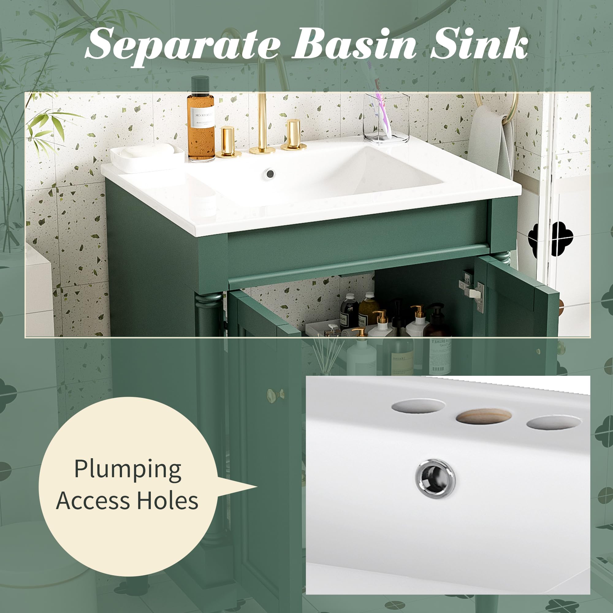Merax 24 Inch Bathroom Vanity with Sink - Small Powder Room Vanity with 2-Door Cabinet & Undermount Sink, Solid Wood Frame Storage Cabinet in Vogue Green | Perfect for Compact Bathrooms, Guest Baths & Apartment Remodels