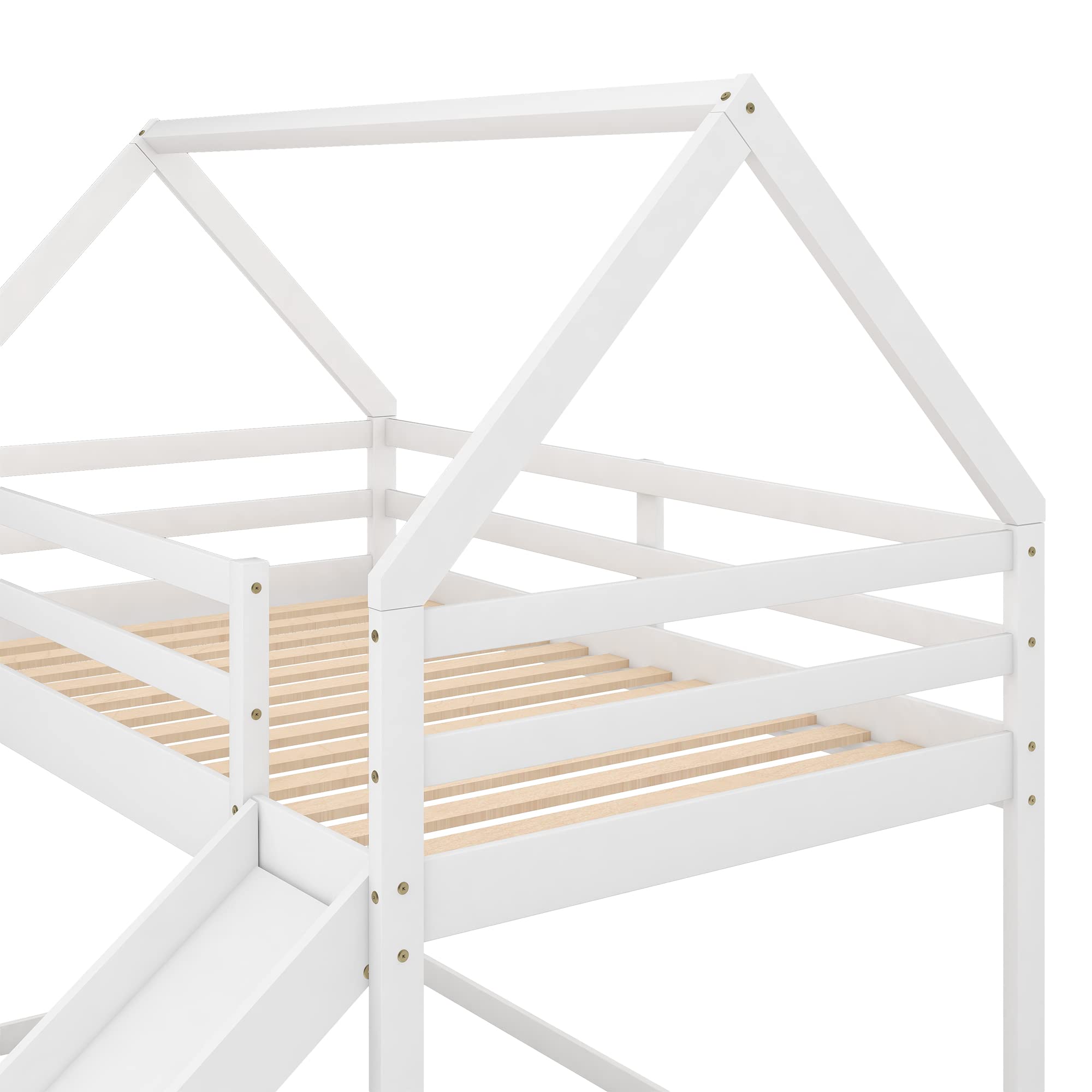 Harper & Bright Designs Twin Bunk Beds for Kids - Wooden House Style with Slide & Roof - Space-Saving Twin Over Twin Bunk Bed for Boys & Girls - Perfect for Small Bedrooms, Kids' Rooms & Shared Spaces - White
