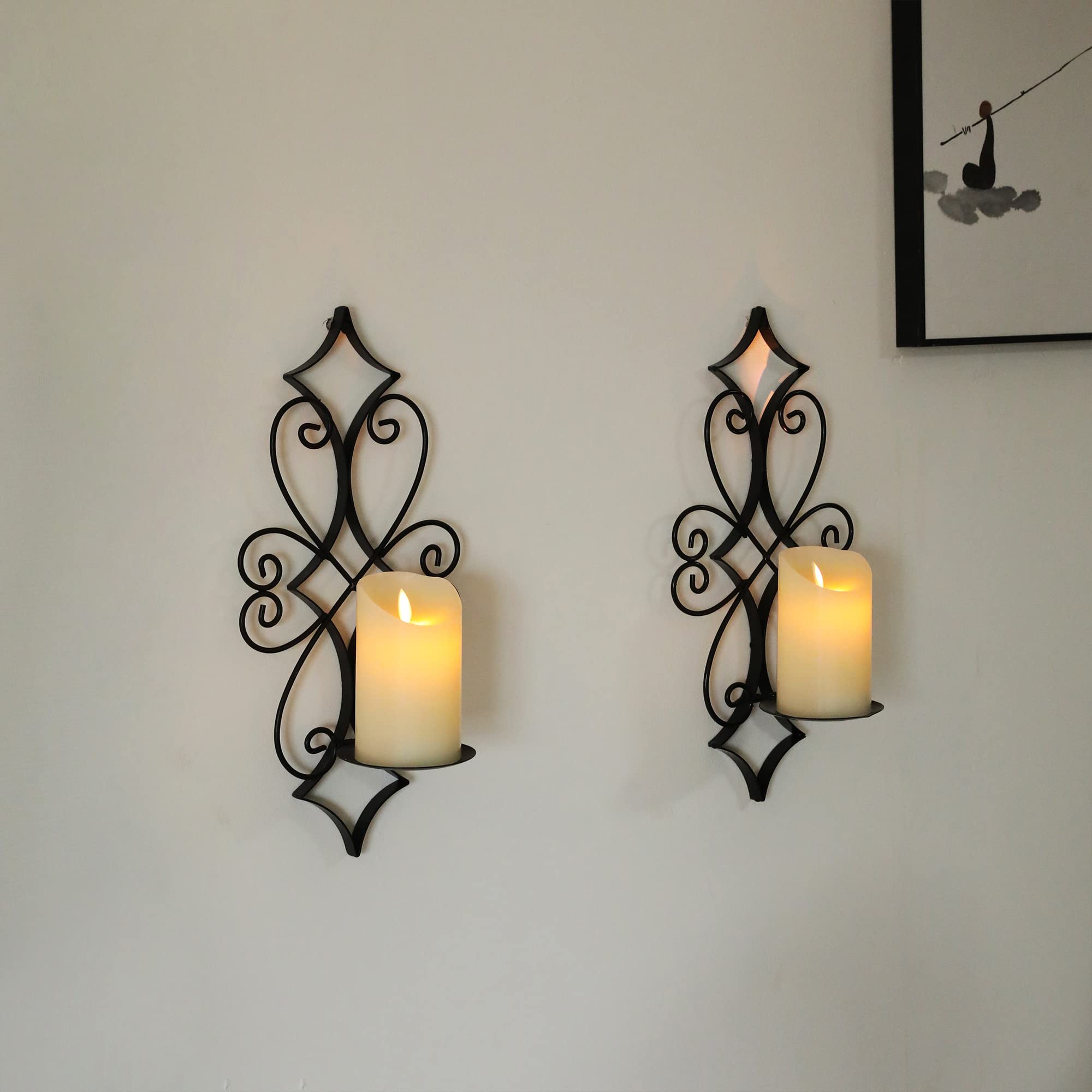 Set of 2 Black Metal Wall Candle Sconces Holder - Elegant Wall Mounted Candle Holders for Living Room, Bedroom & Dining Room Decor | Perfect for Romantic Ambiance, Wedding Decor & Home Interior Design