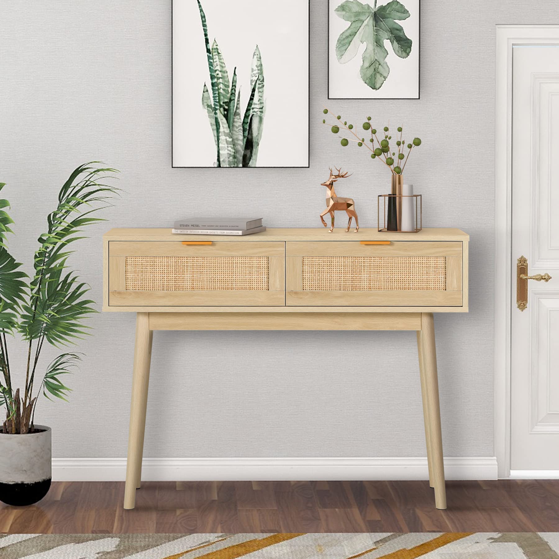 Rattan Console Table with 2 Drawers - Narrow Entryway Sofa Table with Storage for Hallway, Living Room & Bedroom - Natural Wood Accent Furniture for Behind Couch & Small Spaces