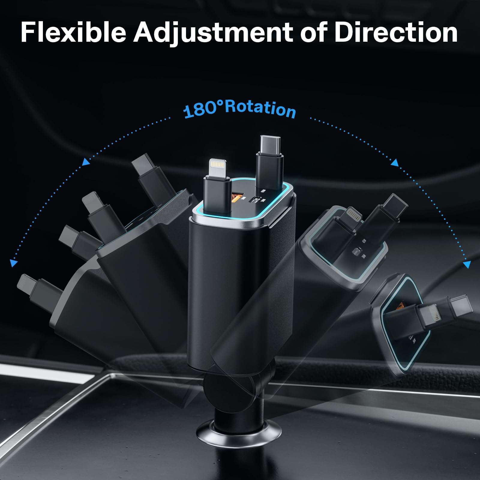 131W Retractable Car Charger with 4 USB Ports - Fast Charging USB C Car Adapter for iPhone 16/15/14/13/12/11 Pro Max - Perfect for Road Trips & Daily Commute