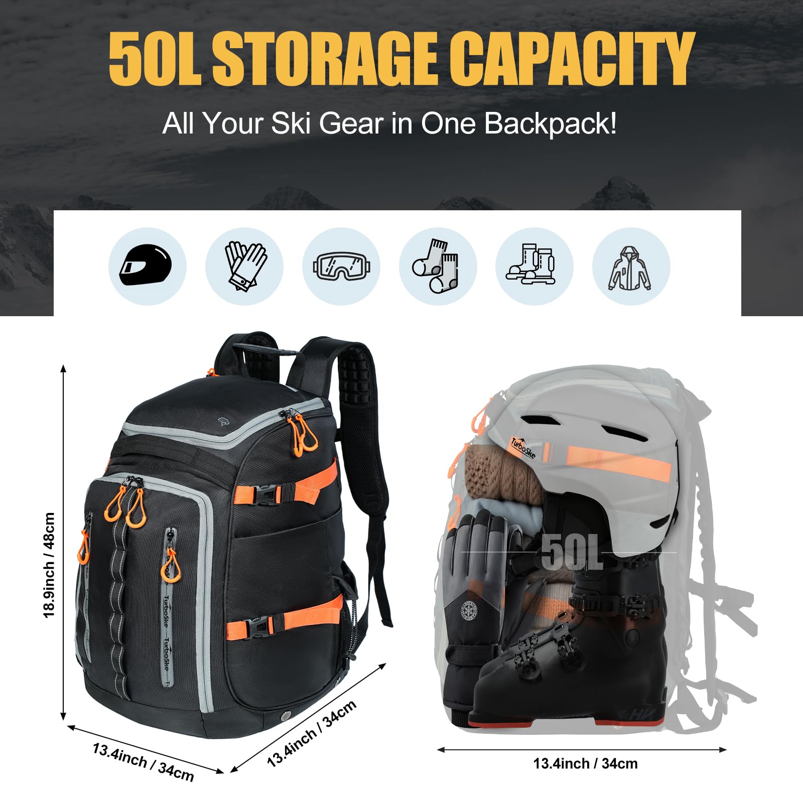 50L Waterproof Ski Boot Backpack for Snowboarding – Durable & Lightweight Travel Storage Bag with Helmet, Goggles & Glove Compartments – Perfect for Ski Trips, Winter Sports Gear Organization (Men & Women)