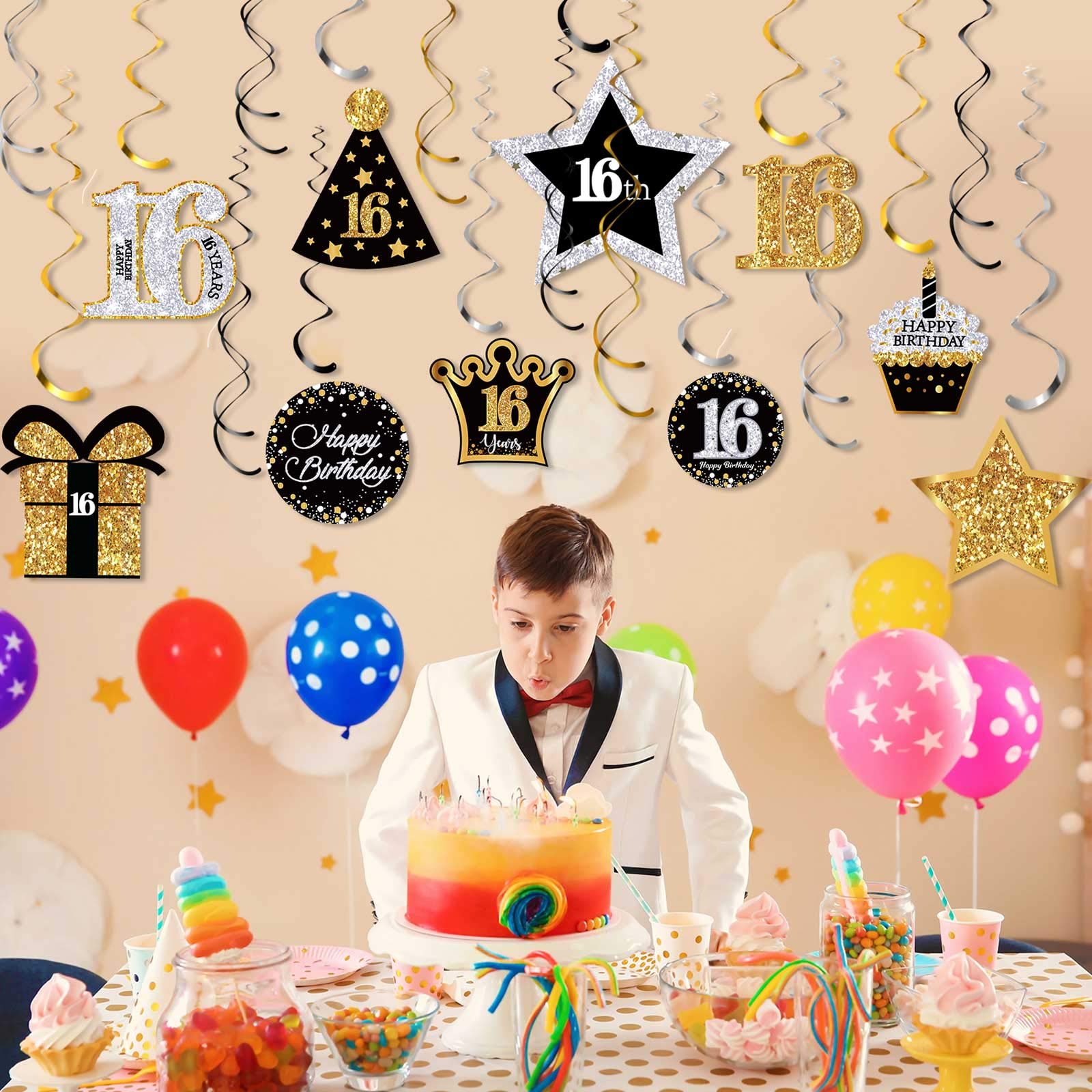 Frienda 30-Piece 16th Birthday Party Decorations Set - Shiny Hanging Swirls, Decorative Cards & Ceiling Decor for Sweet 16 Celebrations | Perfect for Birthday Party Supplies & Teenage Girls' Milestone Party Decor