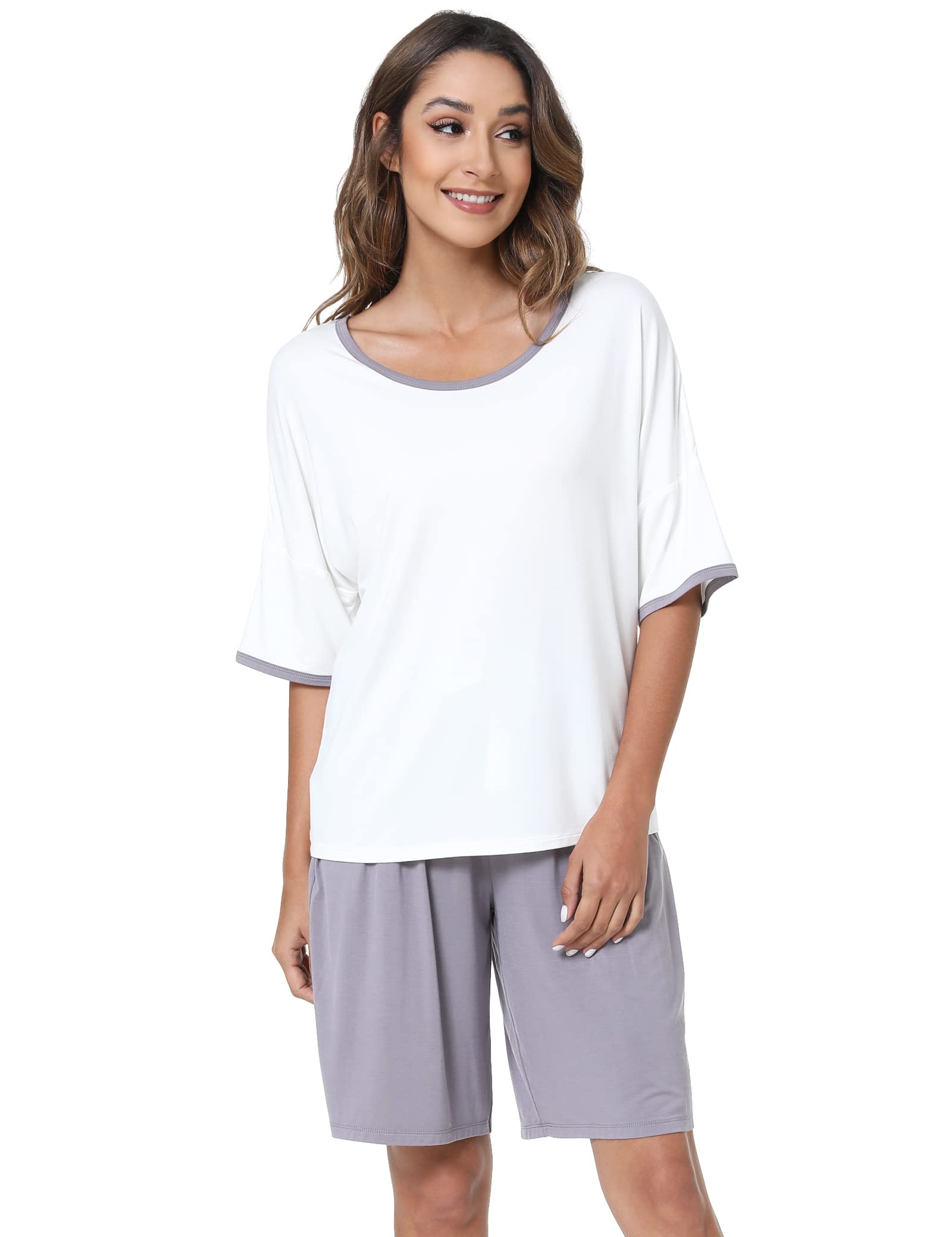 LazyCozy Women's Bamboo Viscose Pajama Set - Short Sleeve & Shorts for Sleep & Lounge