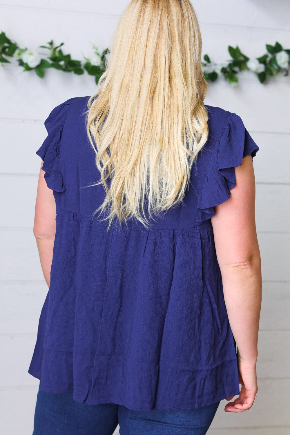 Navy Blue Floral Embroidered Flutter Sleeve Blouse for Women - Elegant Boho Chic Tunic Top for Casual Wear, Date Night & Summer Outfits