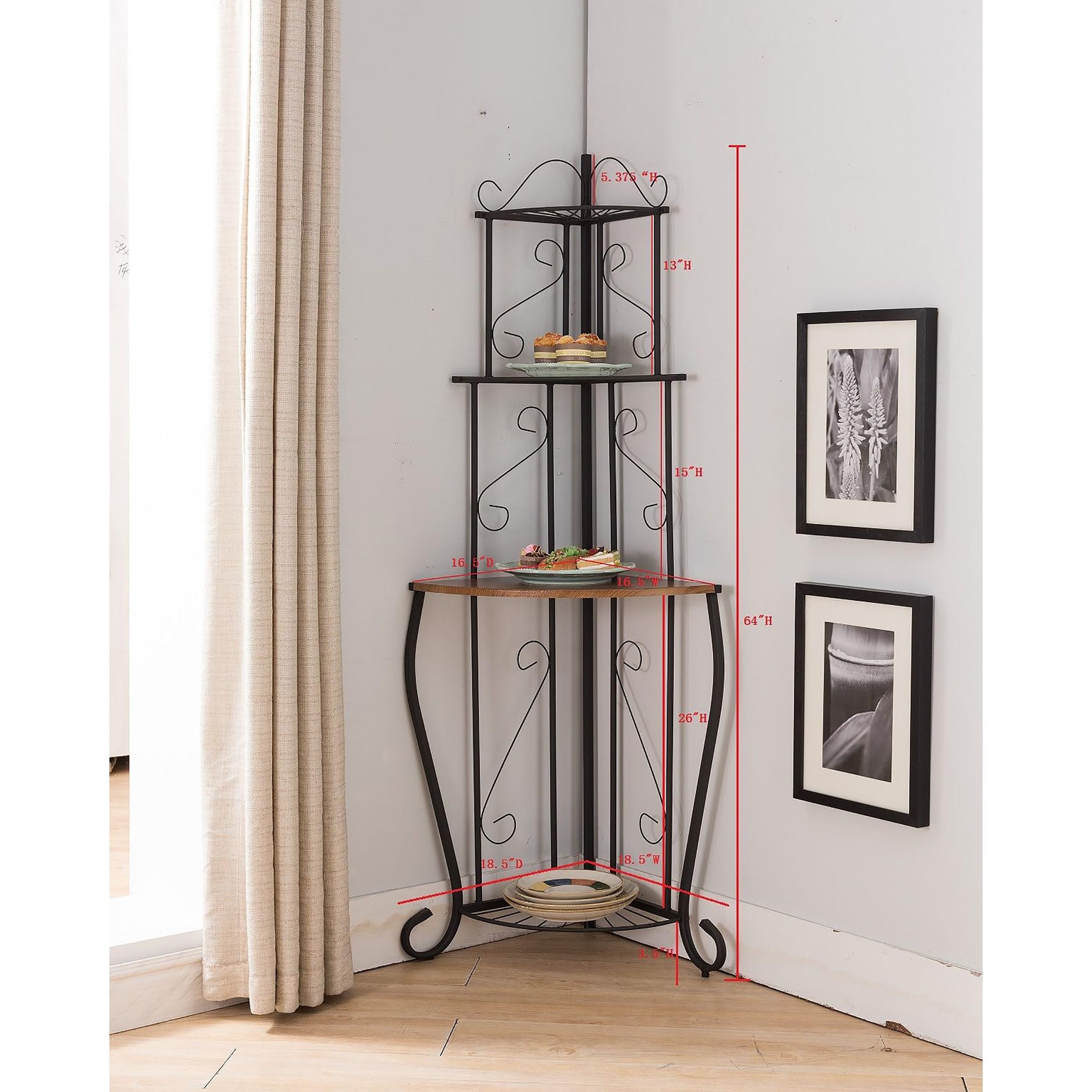 Sturdy Black Metal Tube Corner Kitchen Bakers Rack - Space-Saving Storage Shelf for Small Kitchens, Pantry Organization & Baking Supplies