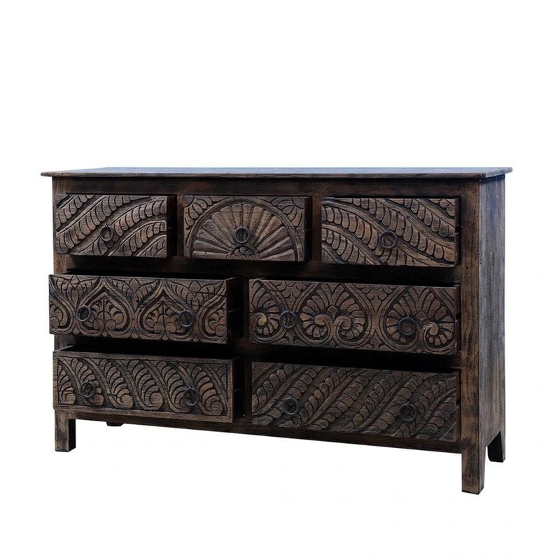 Hand Carved Indian Wooden 7-Drawer Dresser - Traditional Storage for Bedroom, Living Room & Office