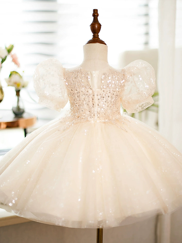 Champagne Princess Round Tea Length Sequined Flower Girl Dress for Weddings, Bridal Party, and Special Occasions