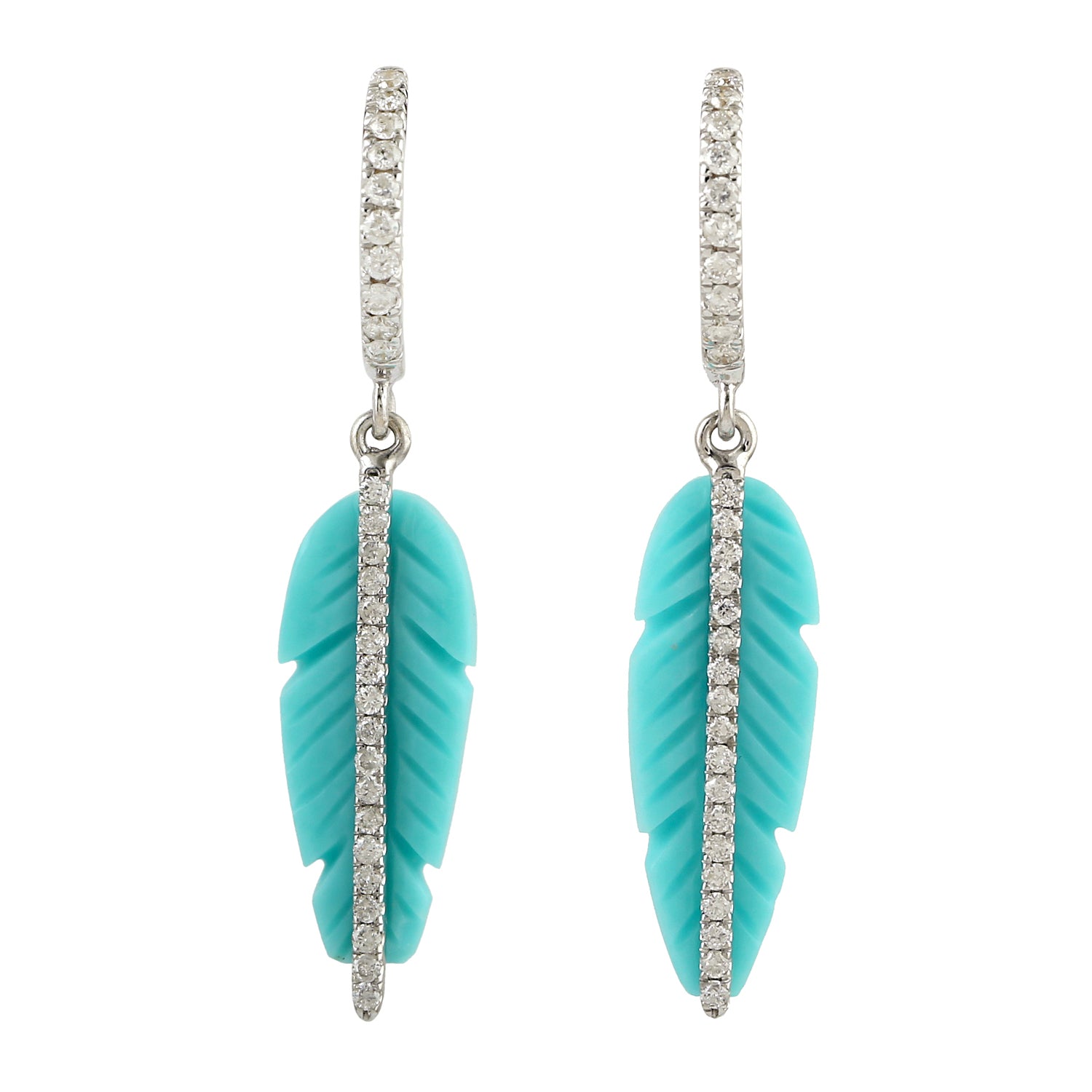 18K White Gold December Birthstone Earrings with Carved Turquoise & Pave Diamond Leaf Danglers - Perfect for Birthdays, Anniversaries & Special Occasions