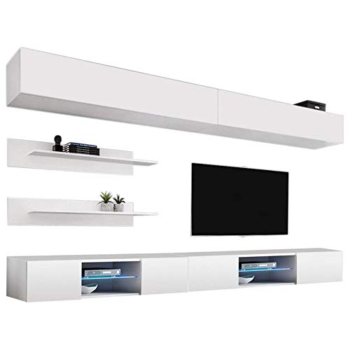 Modern White Wall-Mounted TV Stand with Storage Shelves & LED Lights - 33 Inch Entertainment Center Console for Bedroom & Living Room - Perfect for Small Spaces & Home Theater Setup