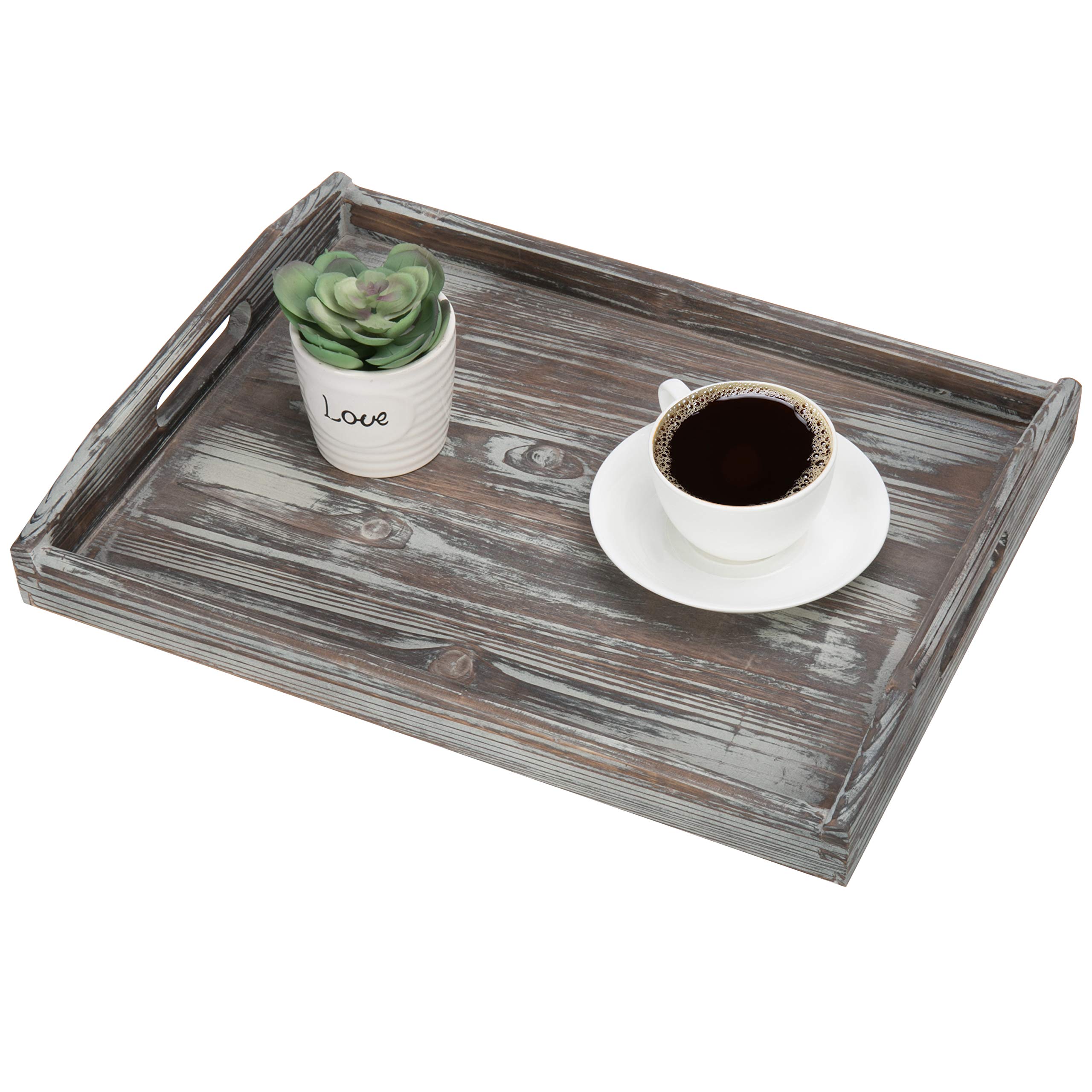 Rustic Torched Wood Serving Tray with Handles - 16