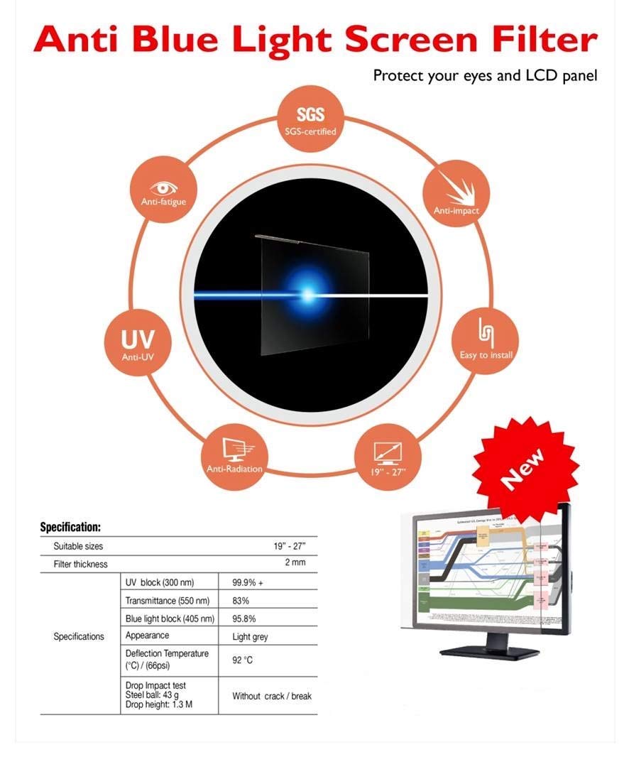 VizoBlueStop 27-28 Inch Anti Blue Light Screen Protector for Computer Monitor - Blocks Harmful 380-495nm Blue Light - Fits LCD, TV, PC & Mac Screens (64 x 37.5cm) - Reduce Eye Strain for Office Work & Gaming