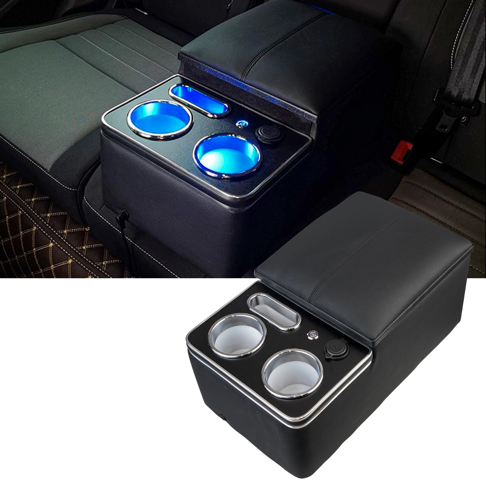Upgrade Car Center Console Organizer with Cup Holder & Phone Holder - Universal Fit for Cars, Vans, Trucks - Black Storage Box for Floor, Cab, Back Bench Seat & Armrest - Perfect for Road Trips, Commuting & Family Travel