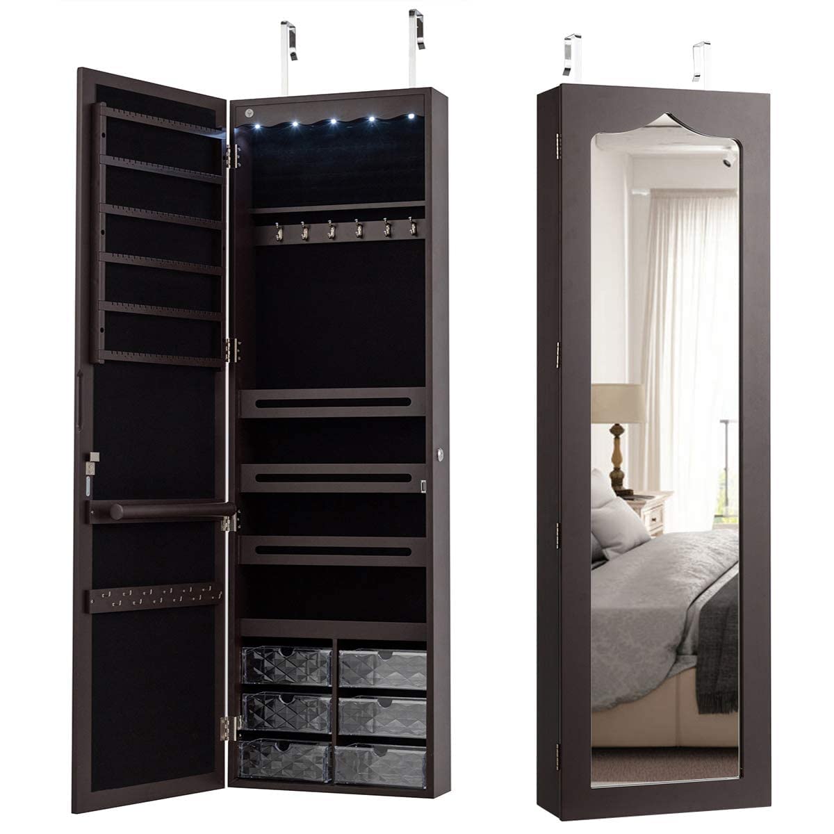 Charmaid Jewelry Cabinet with Mirror & Lights - Large Wall Mount Organizer for Jewelry Storage at Home