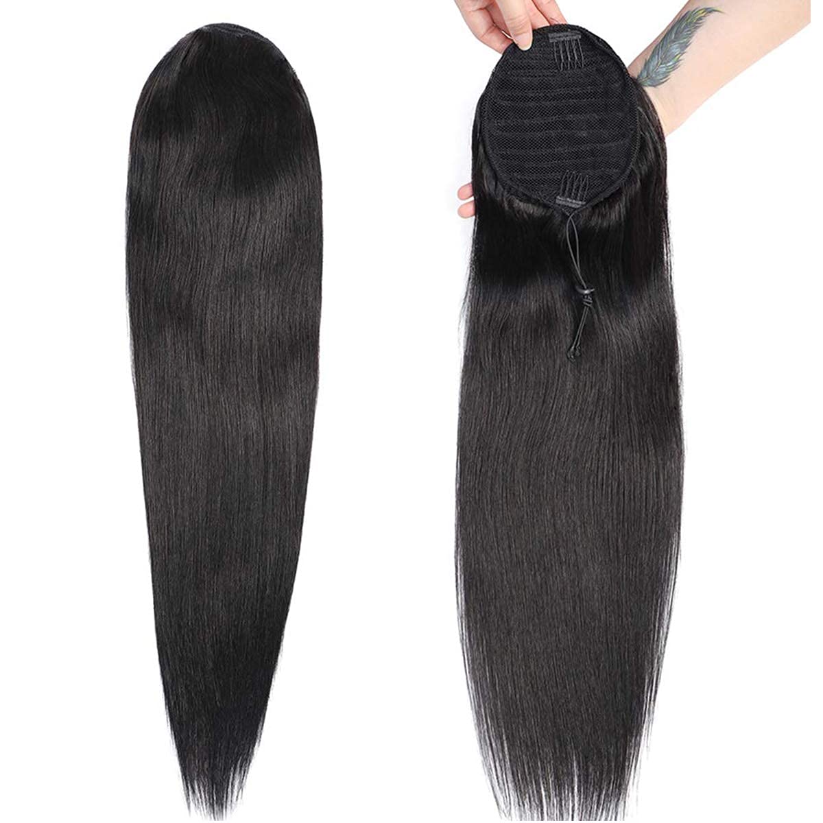Brazilian Virgin Human Hair Ponytail Extension 22 Inch Straight - Clip In Drawstring Ponytail for Afro Hair - Perfect for Daily Wear, Parties & Protective Styles