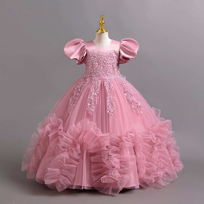 Elegant A-Line Flower Girl Dress with Lace & Puff Sleeves - Perfect for Weddings, Baptisms & Special Occasions