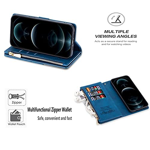 Premium Leather Wallet Case for Samsung Galaxy S22 Ultra - Zipper Pocket with 9 Card Slots, Flip Cover & Handbag Wristlet (Blue) | Perfect for Business, Travel & Everyday Protection
