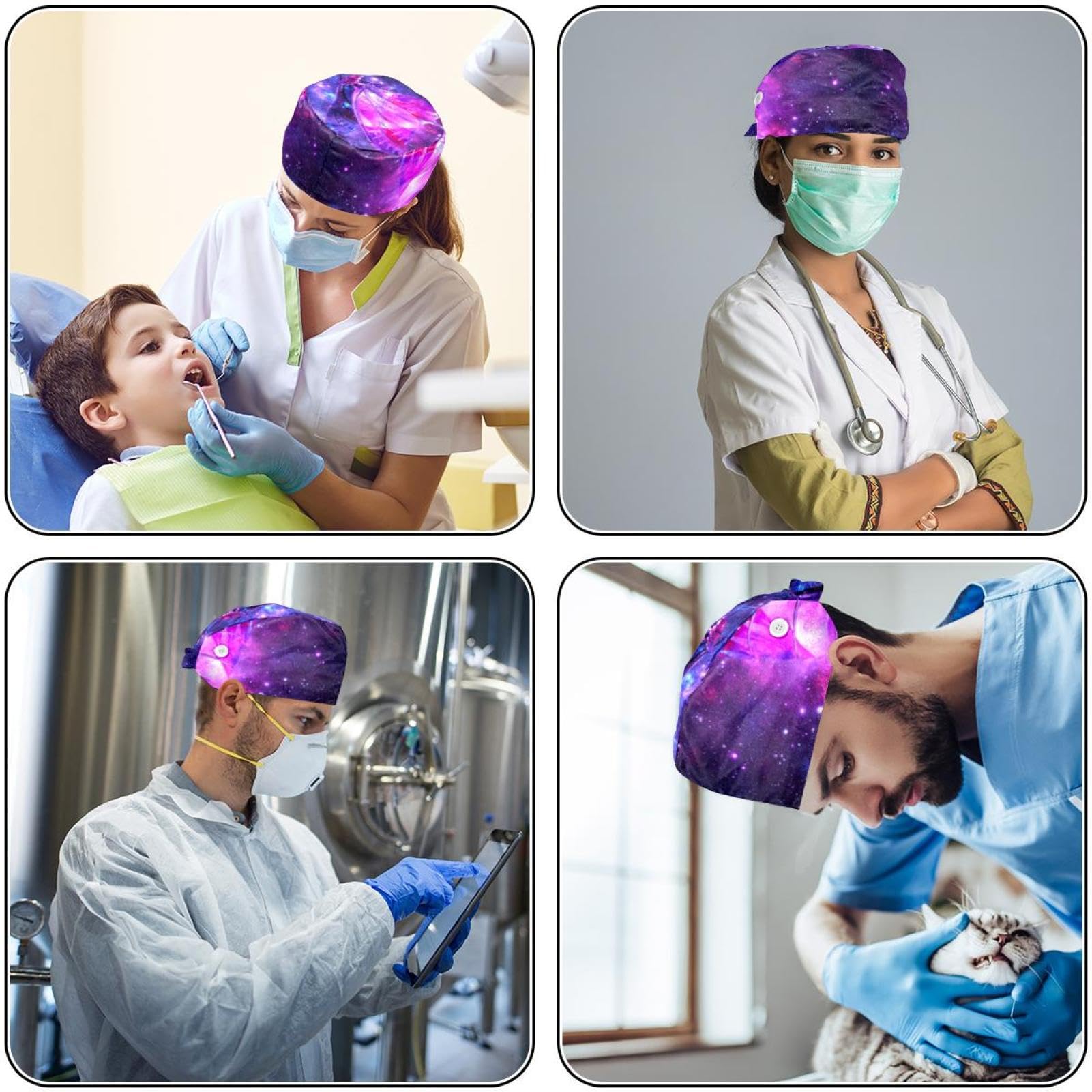 Suojapuku Adjustable Cotton Scrub Cap - Purple Space Butterfly Design, Breathable Bouffant Work Hat for Nurses, Doctors & Medical Professionals | Comfortable & Washable for Long Shifts