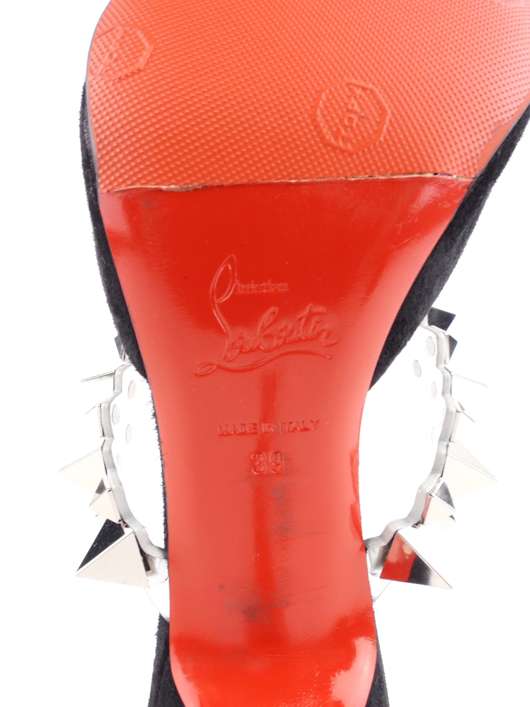 Christian Louboutin Black Suede Leather Spikey Strap Planet Choc 80 Mule - Women's Luxury High Heel Sandals for Evening Parties & Special Occasions