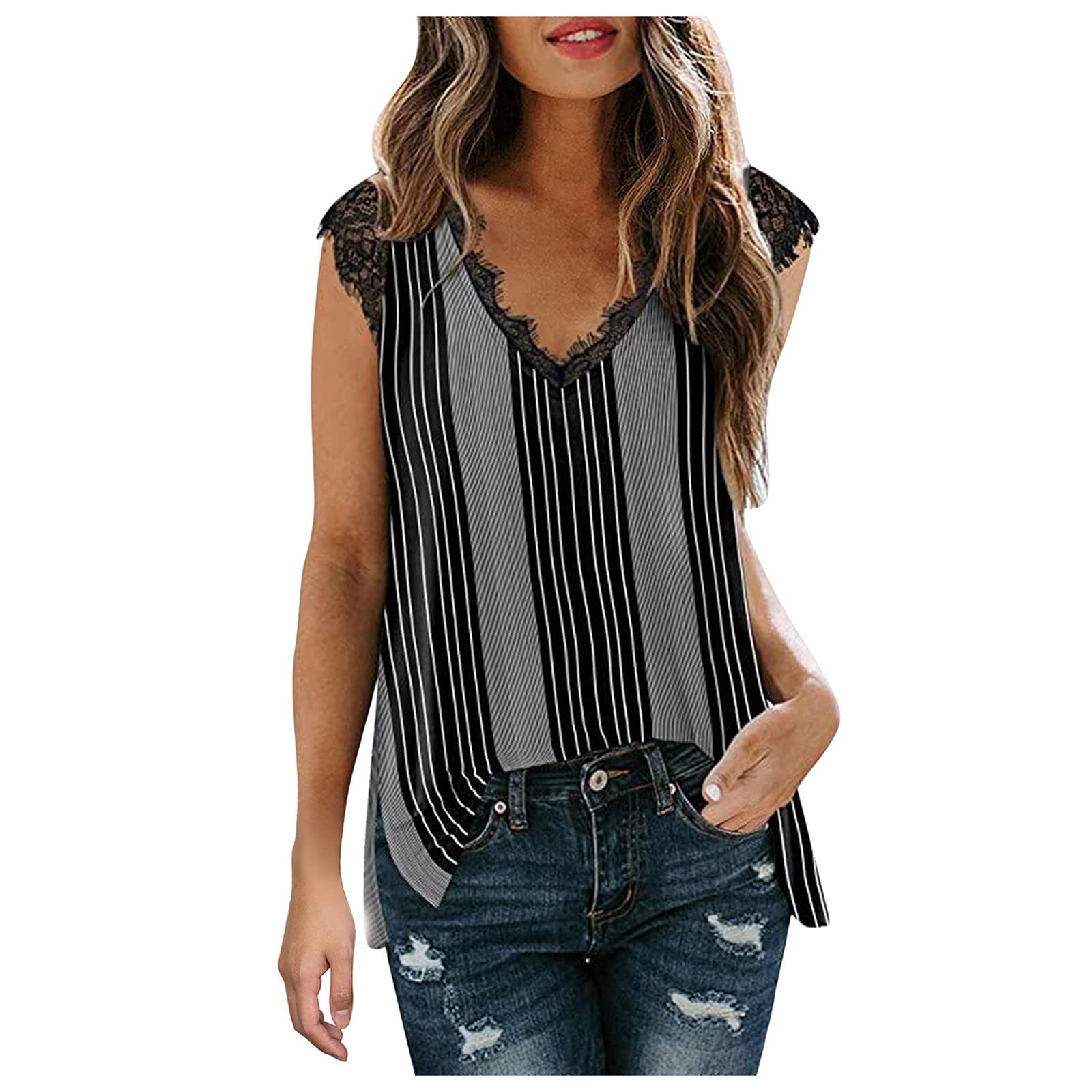 4th of July Women's Crochet Lace V-Neck T-Shirt - Short Sleeve Loose Fit Tunic Tank Top for Summer Casual Wear & Patriotic Celebrations
