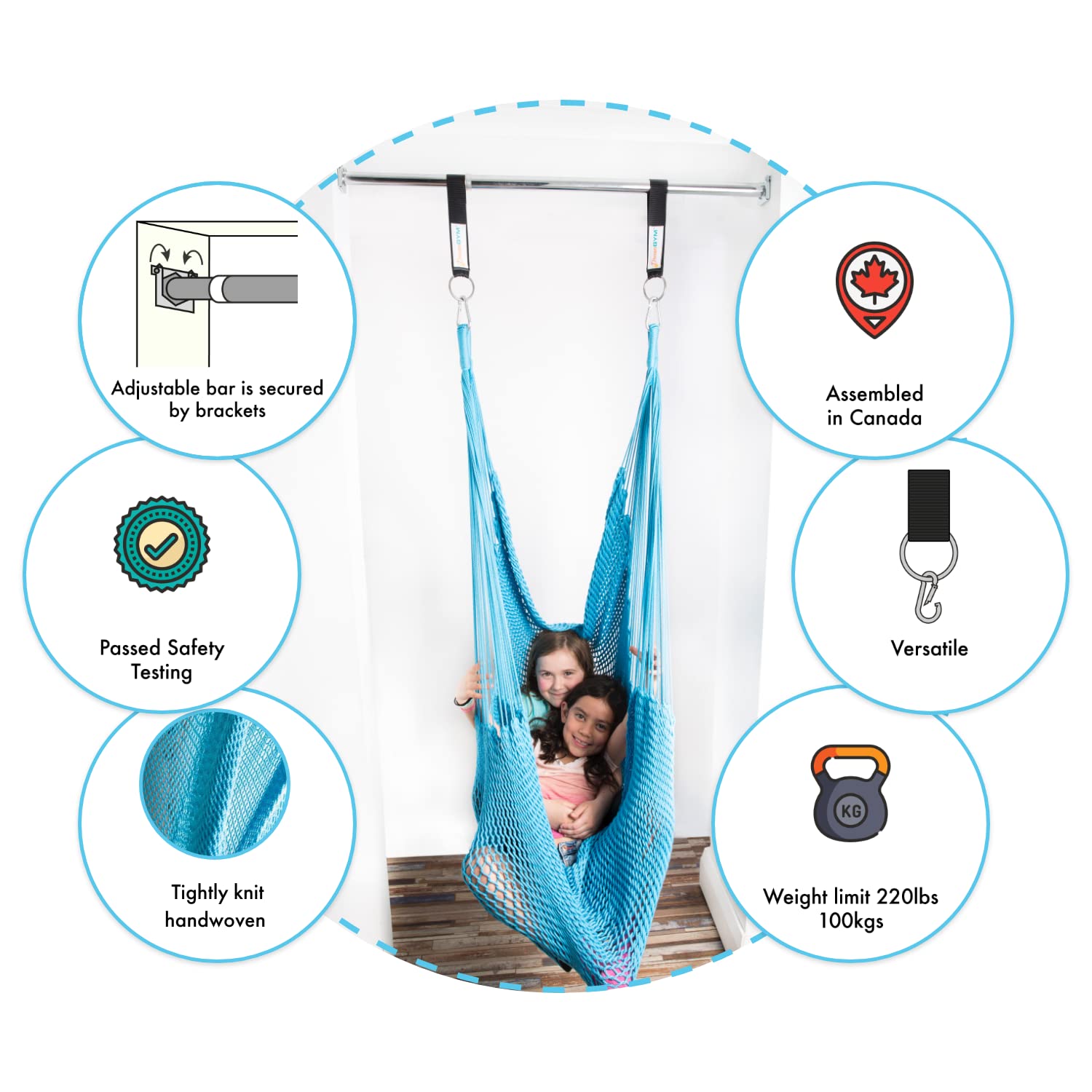 DreamGYM Doorway Hammock Swing - Indoor Hanging Chair with Stand for Door Frame - Sensory Swing for Adults & Kids - Sky Blue - Perfect for Relaxation, Therapy, and Playtime at Home