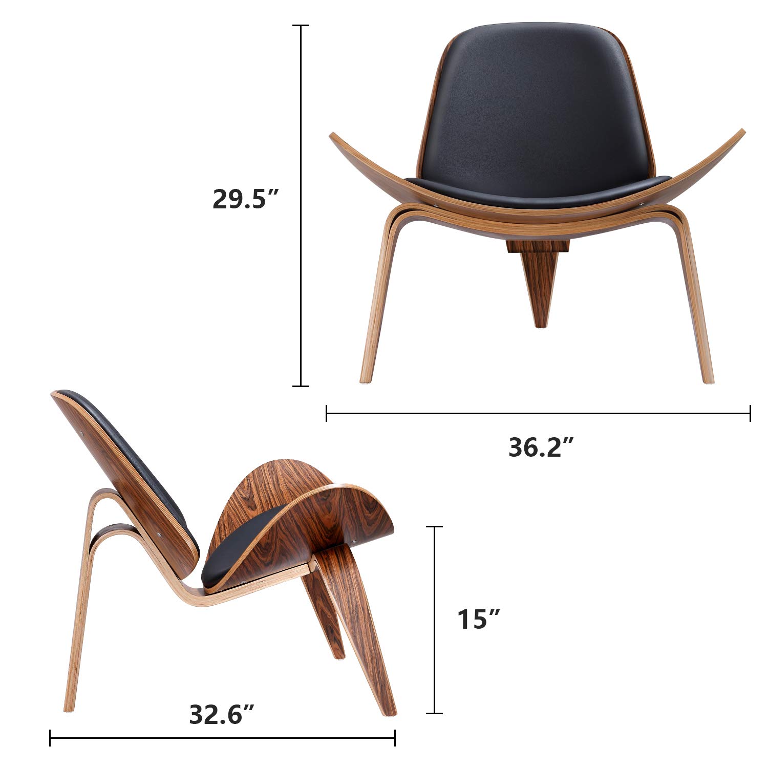 Mid Century Modern Shell Lounge Chair - PU Leather Upholstered Tripod Base with Plywood & Solid Wood Accent - Classic Design Living Room Chair for Reading, Office, Salon & Lounge Areas | Perfect for Home Decor, Coffee Shops and Waiting Rooms