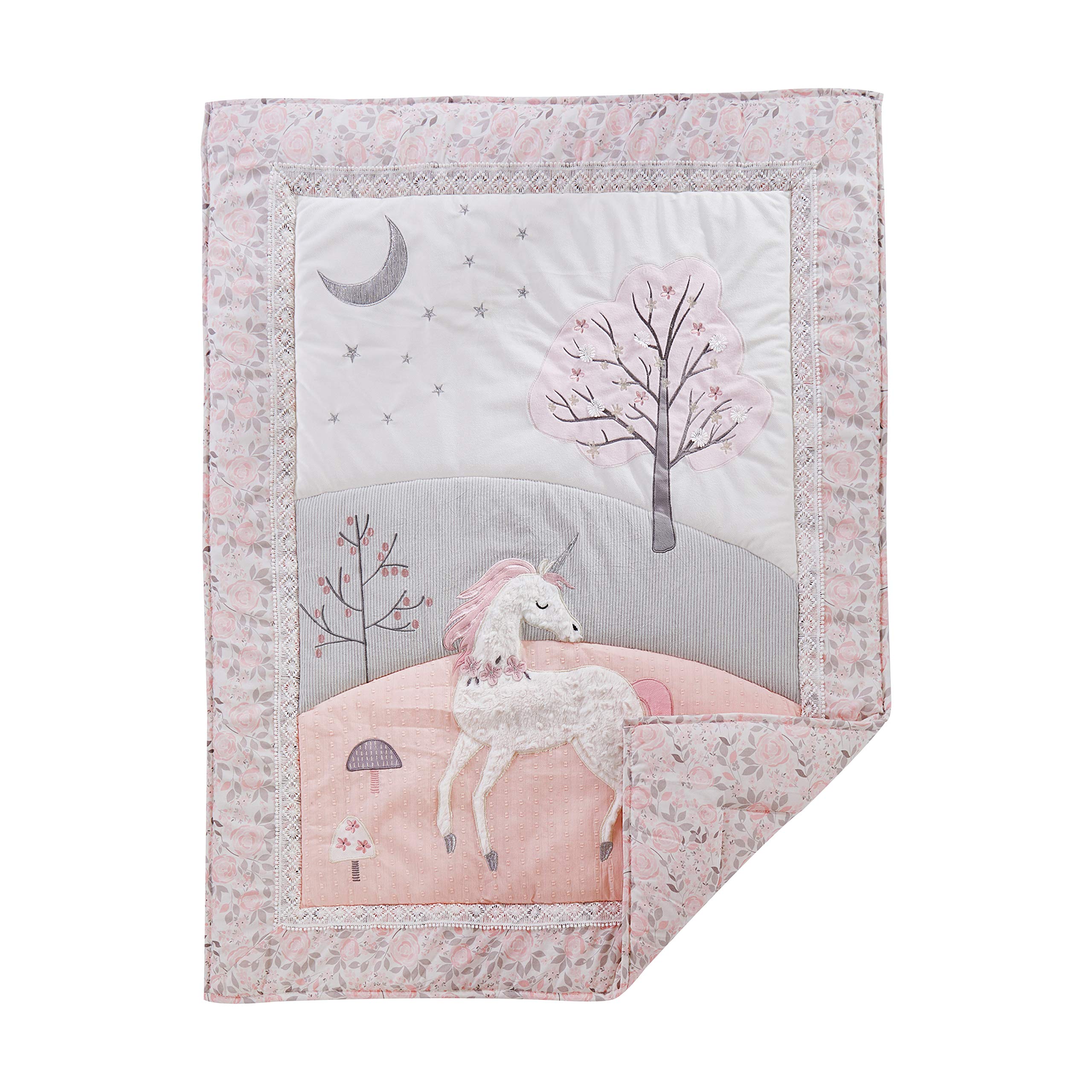 Levtex Baby Colette 5-Piece Crib Bedding Set - Grey Pink White Unicorn Nursery Collection with Quilt, Fitted Sheets, Wall Decal & Dust Ruffle | Perfect for Baby Girl's Room Decor & Newborn Gift