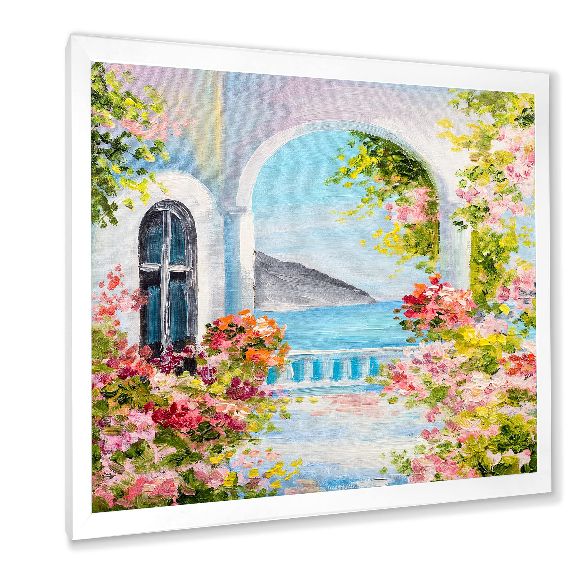 Traditional Greek House Wall Art with Pink Flowers - Nautical & Coastal Framed Decor for Living Room, Bedroom, or Beach House