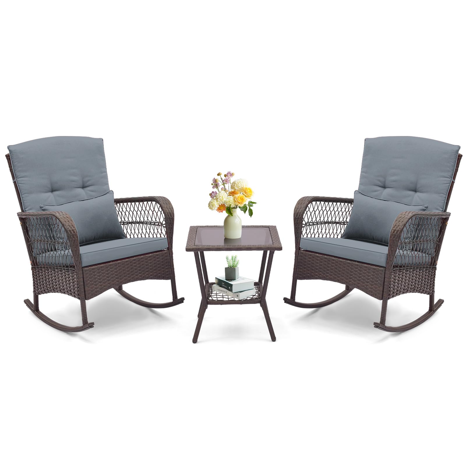 ORALNER 3-Piece Patio Furniture Set - Wicker Rocking Chairs with Cushions & Glass Coffee Table, Outdoor Rattan Bistro Set for Balcony, Porch, Poolside, Garden, Deck - Perfect for Relaxing, Entertaining & Outdoor Dining (Grey)