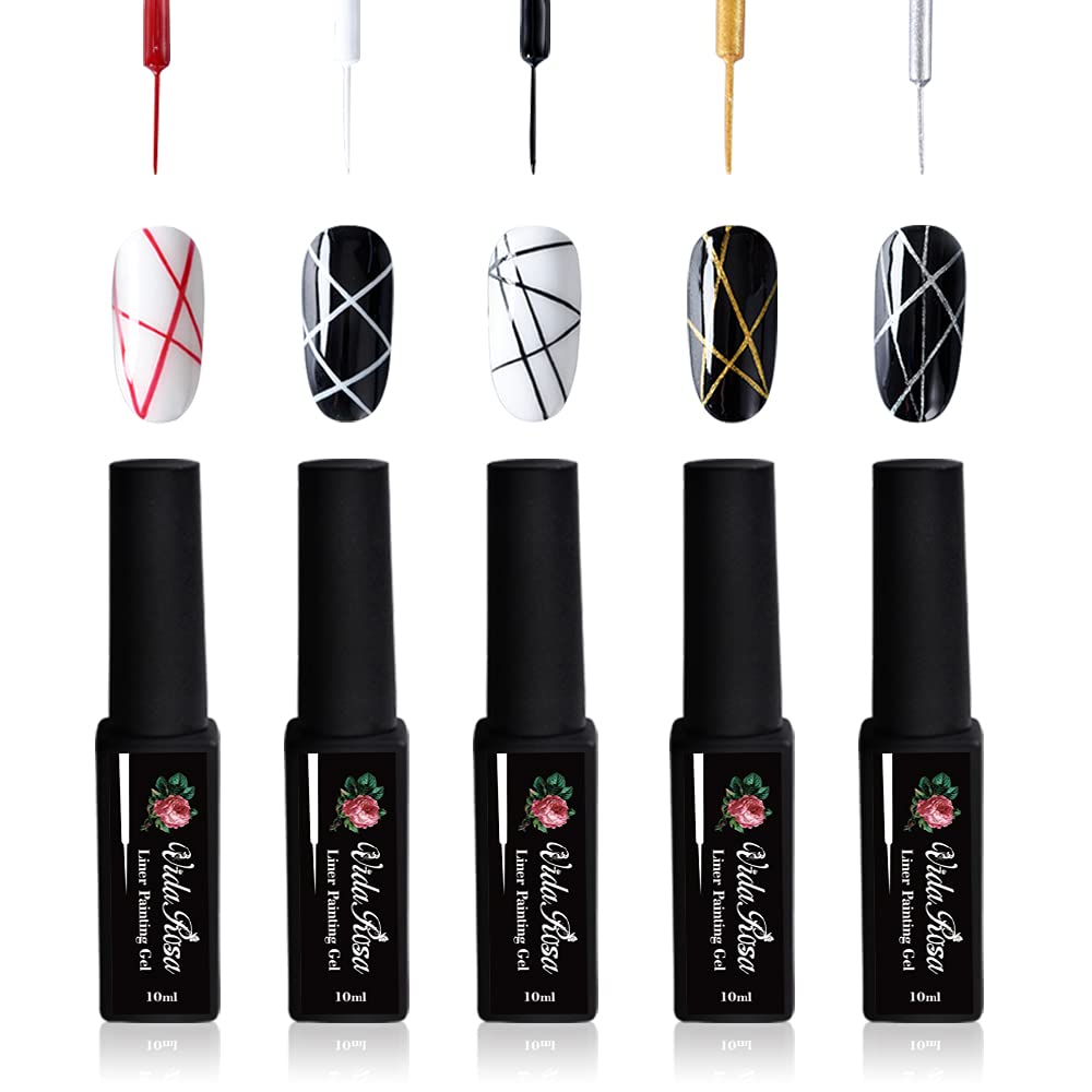 Professional Nail Art Gel Polish Liner Painting Pen - White, Black, Gold, Silver & Classic Red for Striping & Detail Drawing | Perfect for Salon Manicures, DIY Nail Designs & Home Nail Art