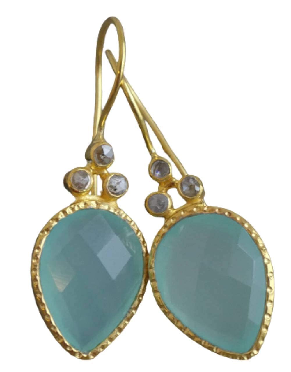 Aqua Chalcedony & Diamond Gold Plated Sterling Silver Earrings for Women - Natural Gemstone Jewelry - Handmade Gift for Birthday, Valentine's Day, Mother's Day - Elegant Statement Earrings for Parties, Weddings & Special Occasions