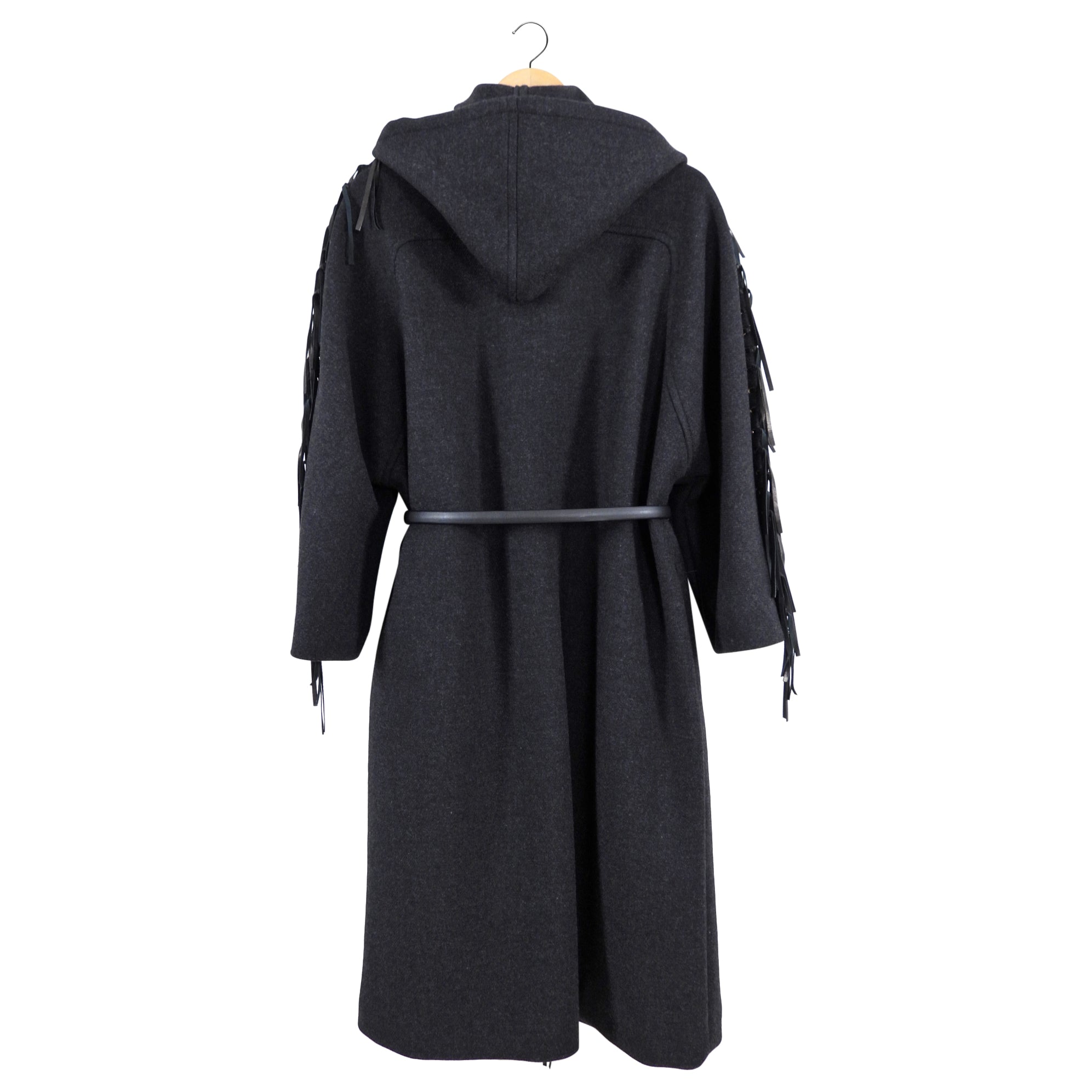 Chloe Charcoal Grey Wool Belted Coat with Leather Fringe - Women's Winter Trench Coat Size FR38 (S/M) for Office, Travel & Formal Occasions