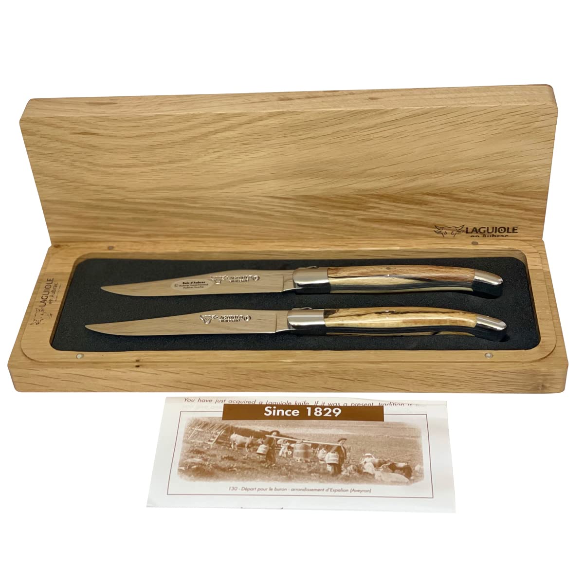 Premium Laguiole en Aubrac Forged Stainless Steel Steak Knives Set - 2-Piece Full Tang Design with Elegant Aubrac Wood Handle & Shiny Bolsters - Perfect for Fine Dining, Steakhouse Experience & Gourmet Gift Giving