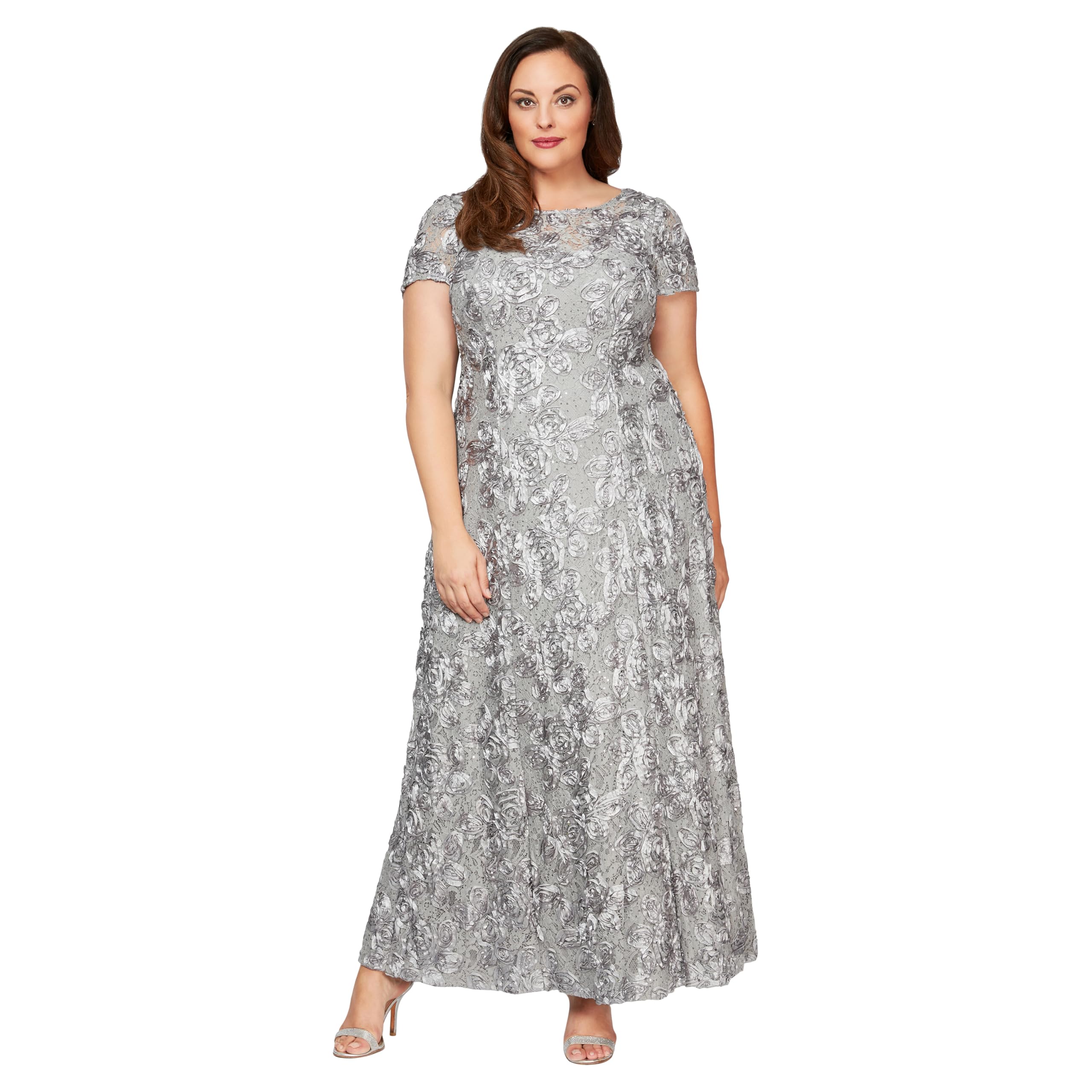 Alex Evenings Women's Plus Size Long Rosette Mother of The Bride Dress - Elegant Short Sleeve Formal Gown for Weddings, Parties & Special Occasions
