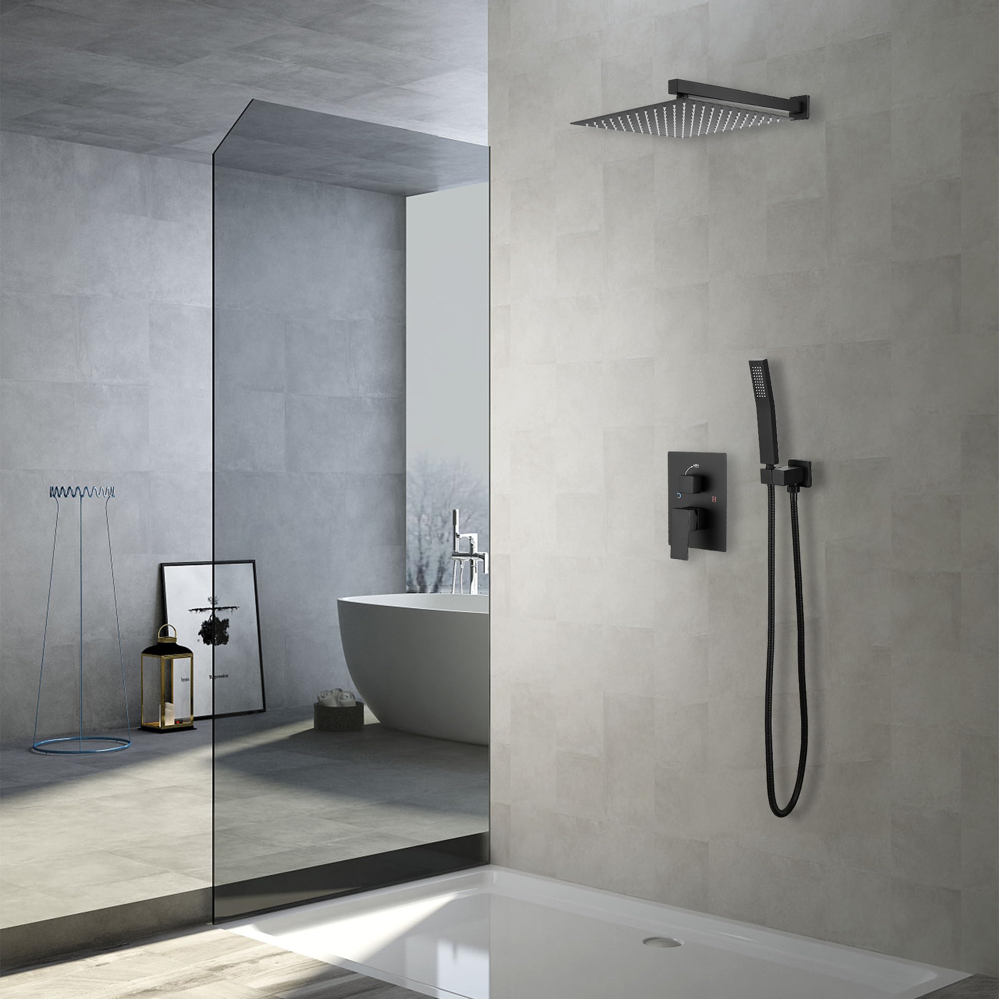 10 Inch Square Stainless Steel Rainfall Shower System - Black GGStudy Shower Faucet Trim Kit with Rough-in Valve, Handheld Spray & Metal Shower Head for Modern Bathroom Renovation | Perfect for Spa-Like Experience and Water-Saving Bathing
