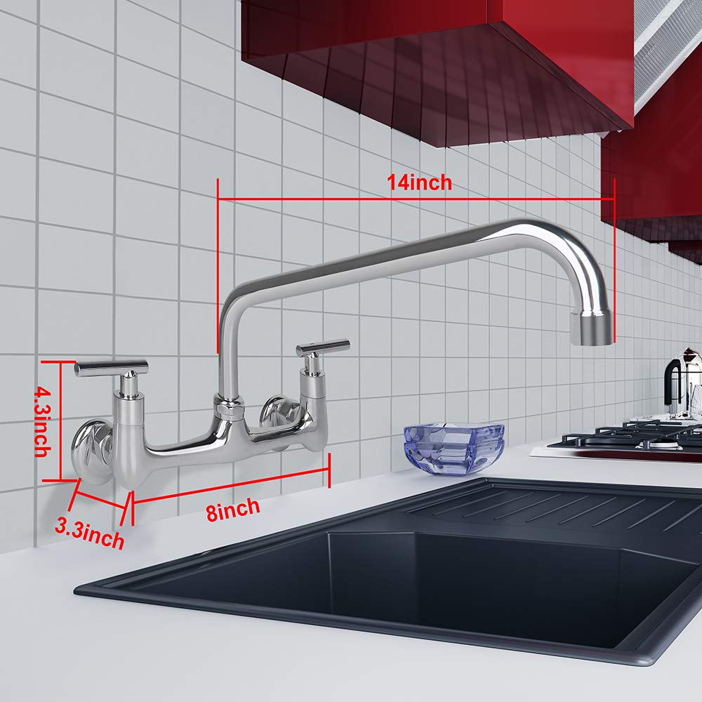 XIUBE 14-Inch Swivel Spout Wall Mount Commercial Kitchen Sink Faucet - 8-Inch Centerset, 2-Handle Chrome Finish for Restaurant & Prep Sink - Ideal for Backsplash Mount & Compartment Kitchens