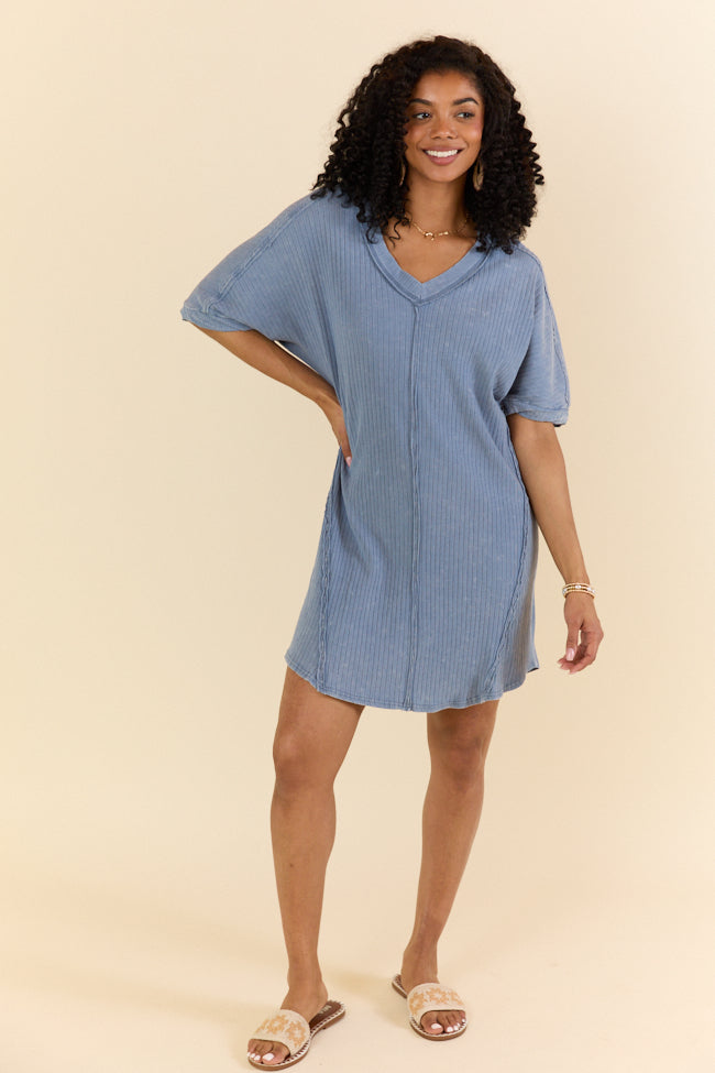 Stylish Blue Acid Wash Knit Dress for Women - High Temperature Resistant, Comfortable & Trendy - Perfect for Summer Outings, Beach Vacations & Casual Wear