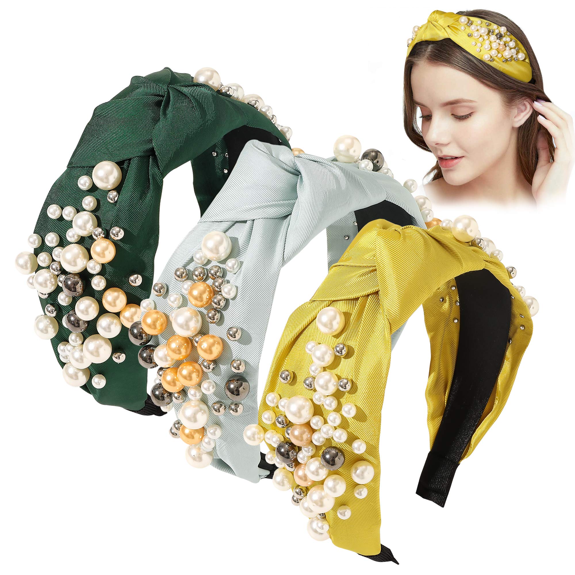 Stylish Knotted Pearl Headbands for Women & Girls - Non-Slip Fashion Hair Accessories (Green, Yellow, Blue) - Perfect for Work, Parties & Everyday Wear