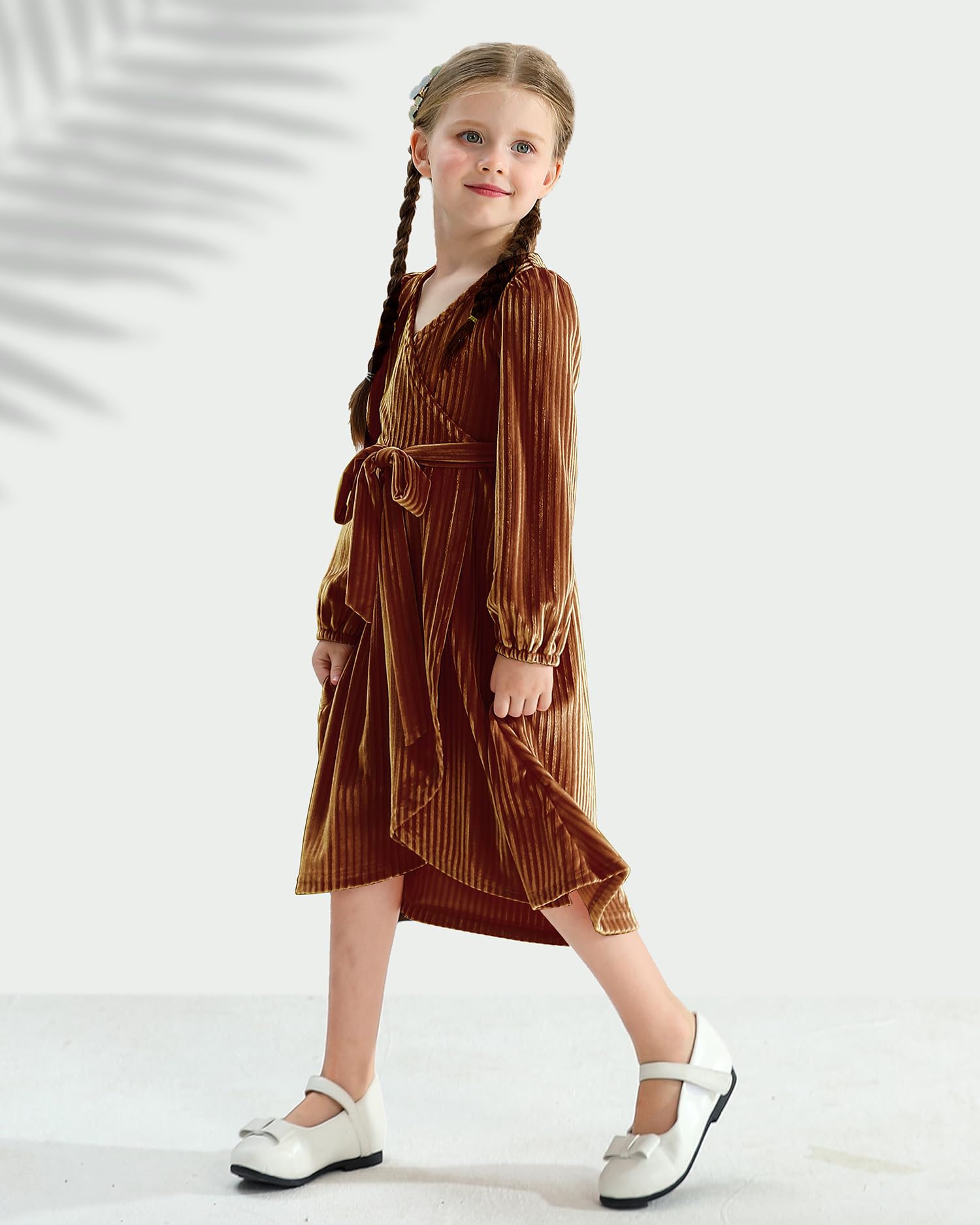 Elegant Velvet Flower Girl Dresses for Weddings | Long Sleeve Ruffle Bridesmaid Party Gowns | Formal Midi Dresses for Teens Girls (Size 4-13 Years) | Perfect for Wedding Ceremonies, Bridal Showers & Special Occasions