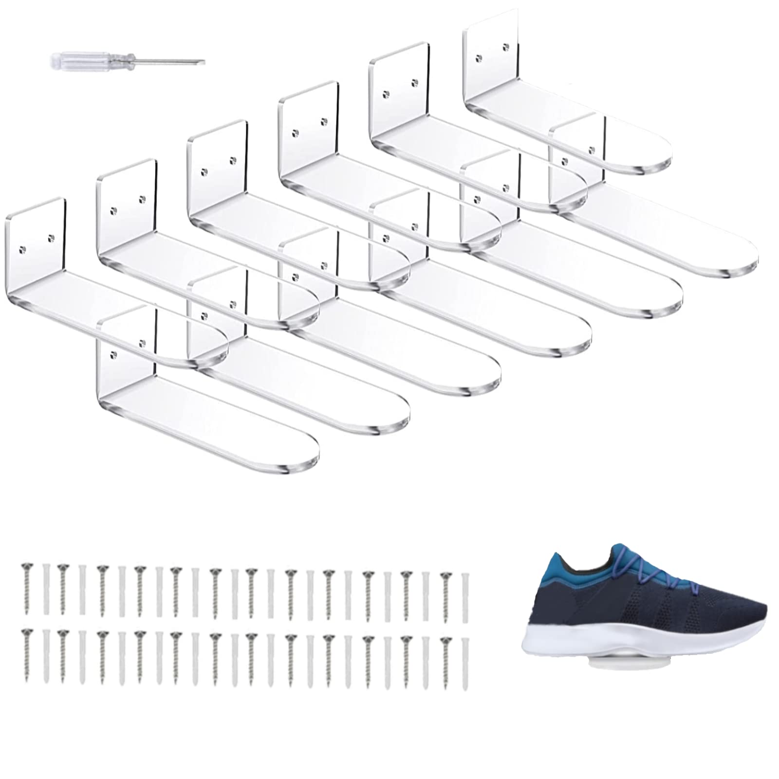 Clear Acrylic Floating Shoe Shelves - 6/8/10/12pcs Wall Mount Sneaker Display Rack | Modern Shoe Organizer & Storage Solution for Sneakerheads, Bedroom, Closet, or Entryway Organization